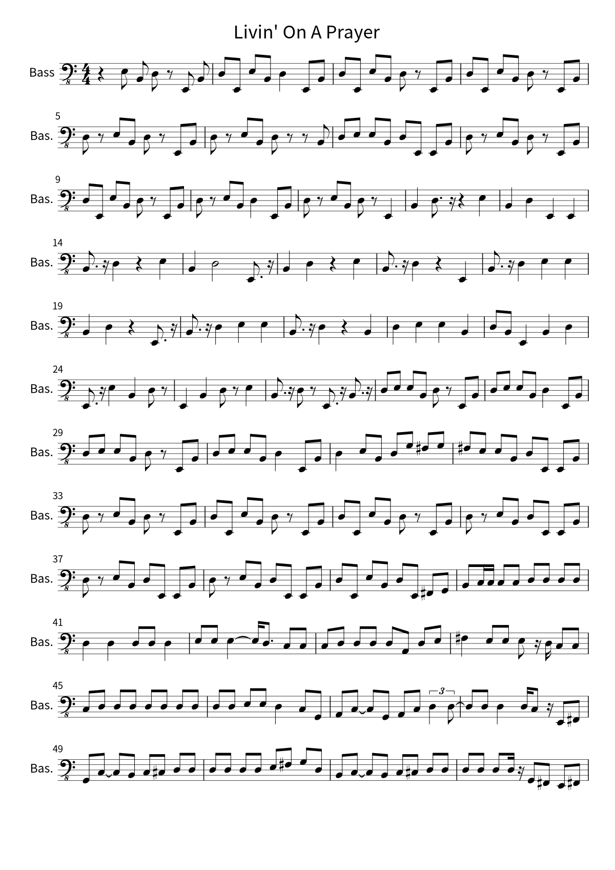 Primeira página da partitura de baixo de Livin' On A Prayer, de Bon Jovi