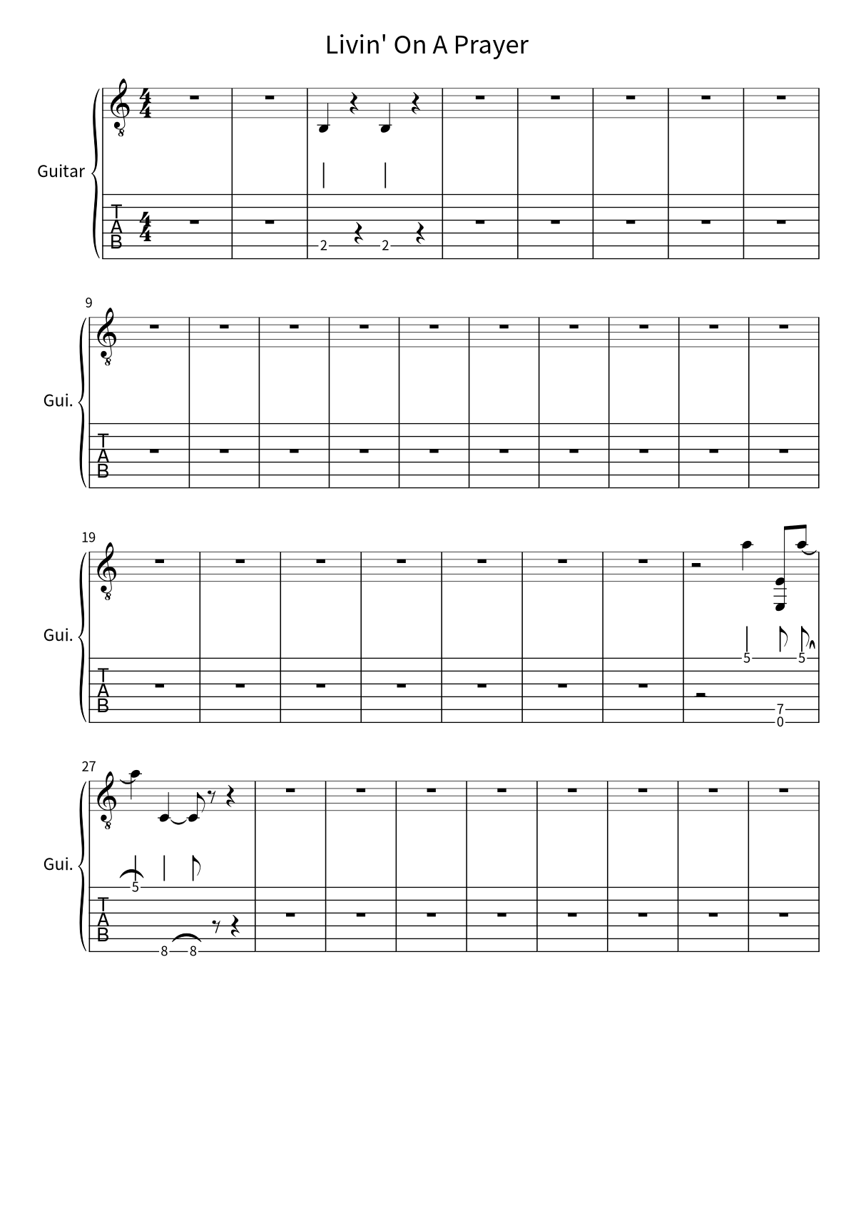 Primeira página da tablatura e partitura de guitarra de Livin' On A Prayer, de Bon Jovi
