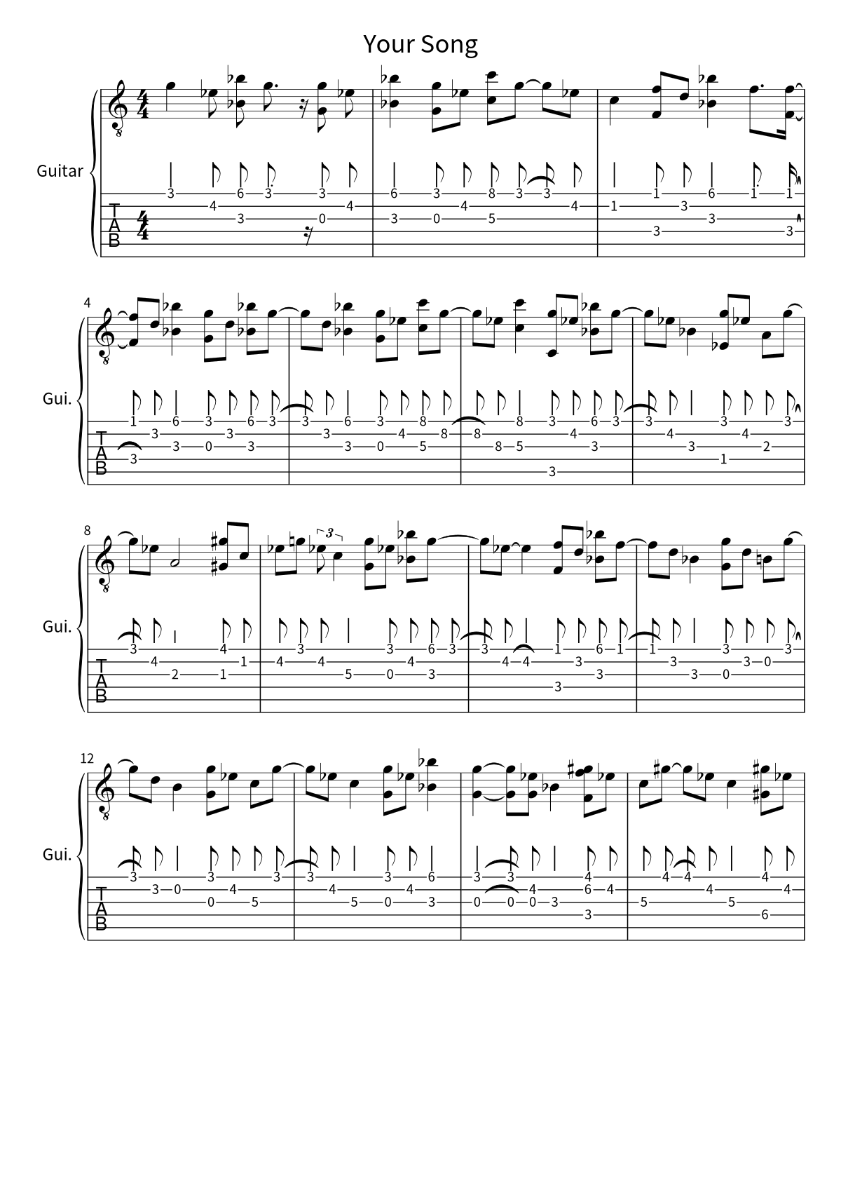 First page of the guitar tab and sheet music for Your Song by Elton John