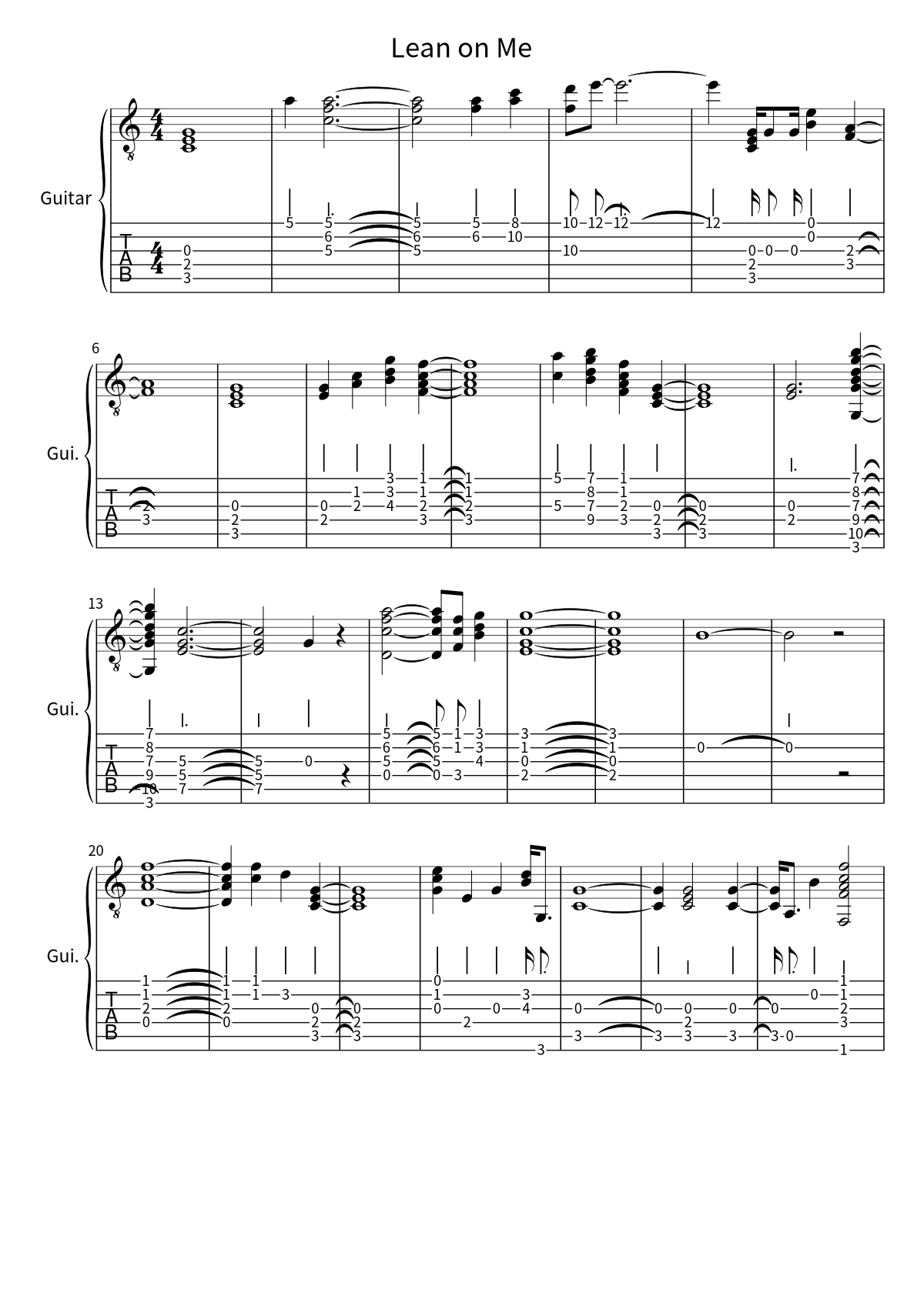 First page of the guitar tab and sheet music for Lean on Me by Bill Withers