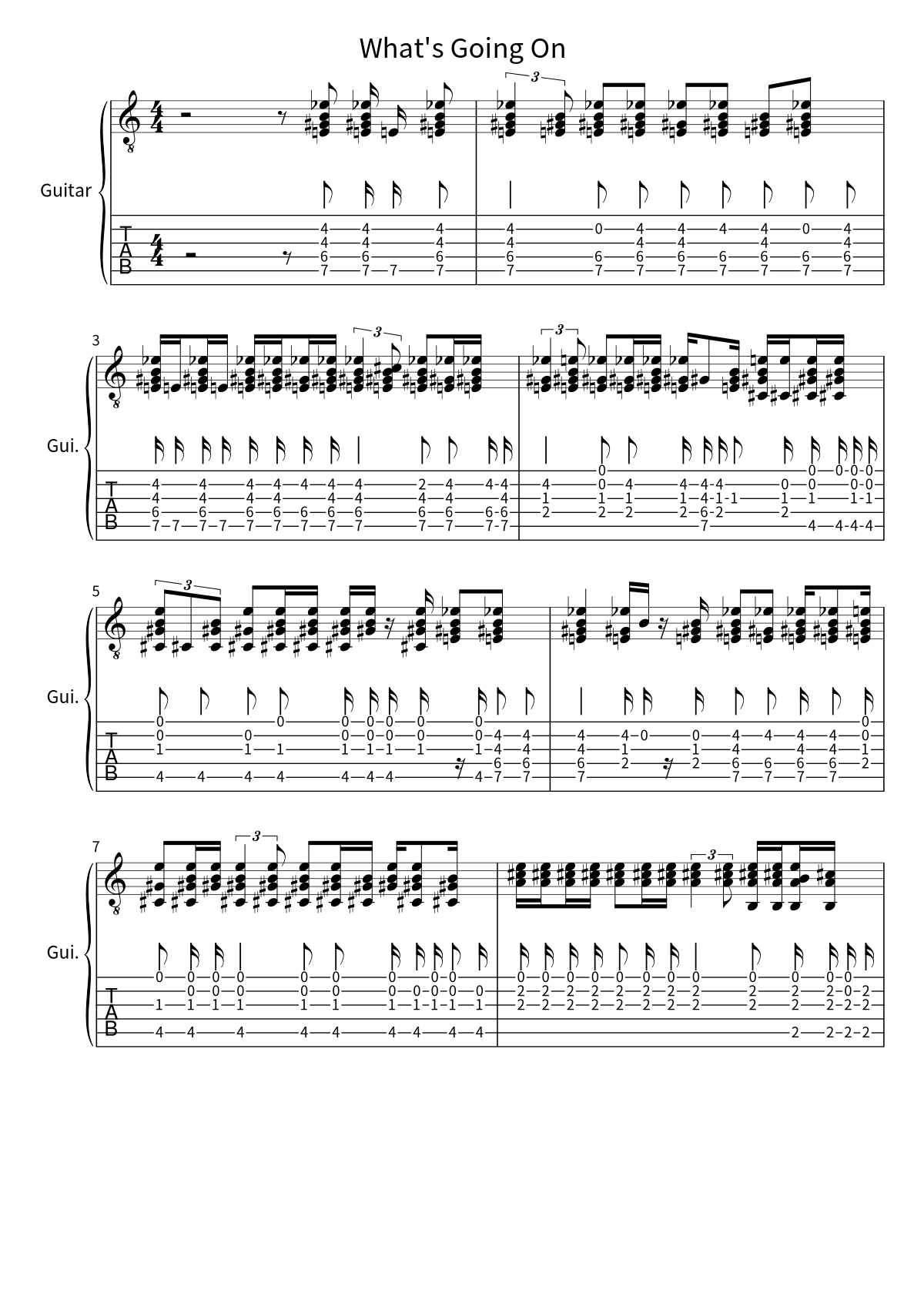 First page of the guitar tab and sheet music for What's Going On by Marvin Gaye