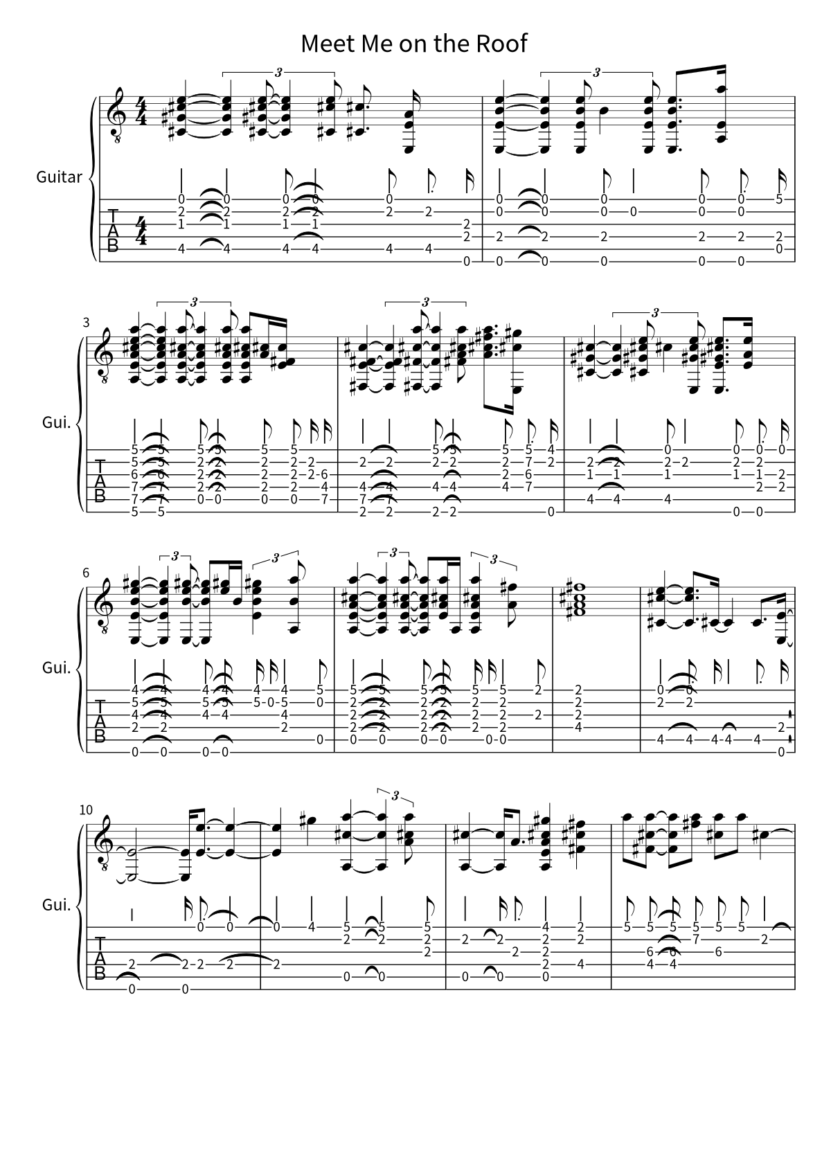 Primeira página da tablatura e partitura de guitarra de Meet Me on the Roof, de Green Day