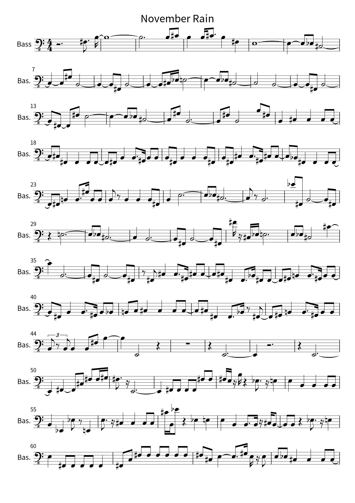Primeira página da partitura de baixo de November Rain, de Guns N' Roses