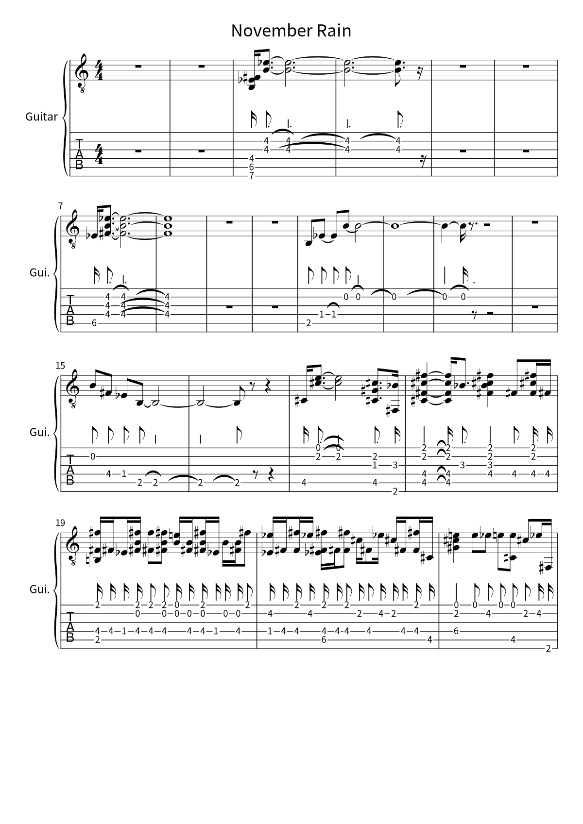 Primera página de la tablatura y partitura de guitarra de November Rain de Guns N' Roses