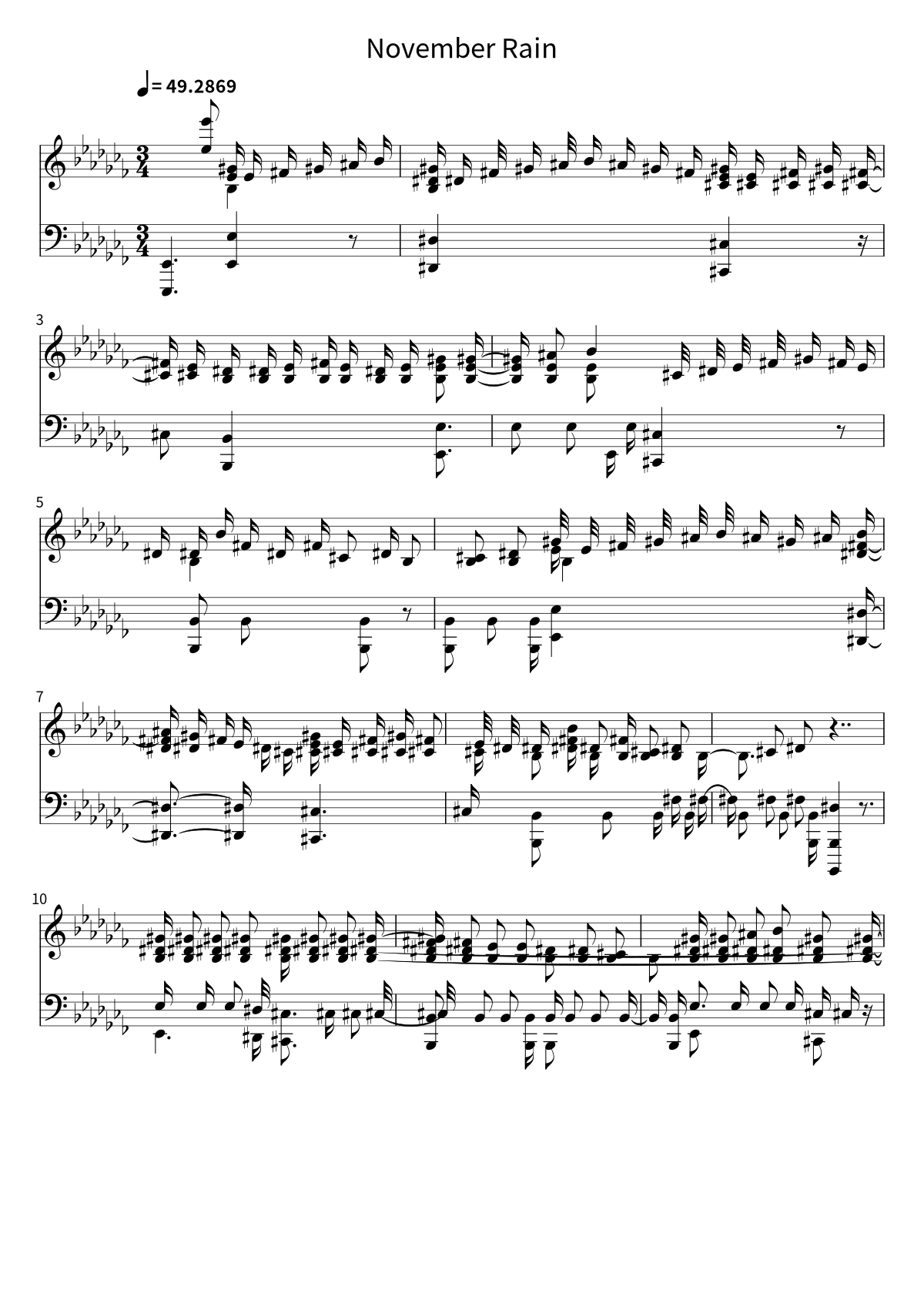 Primera página de la partitura de piano de November Rain de Guns N' Roses
