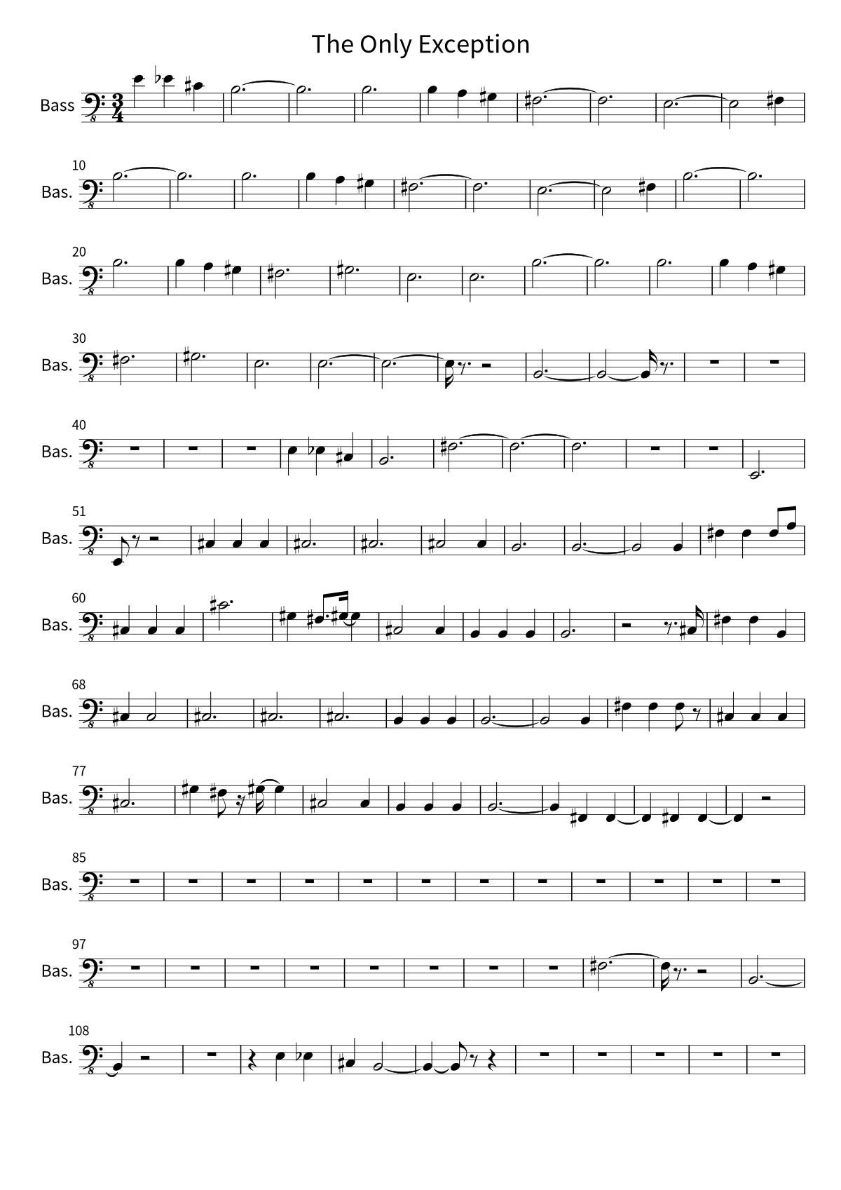 Primera página de la partitura de bajo de The Only Exception de Paramore