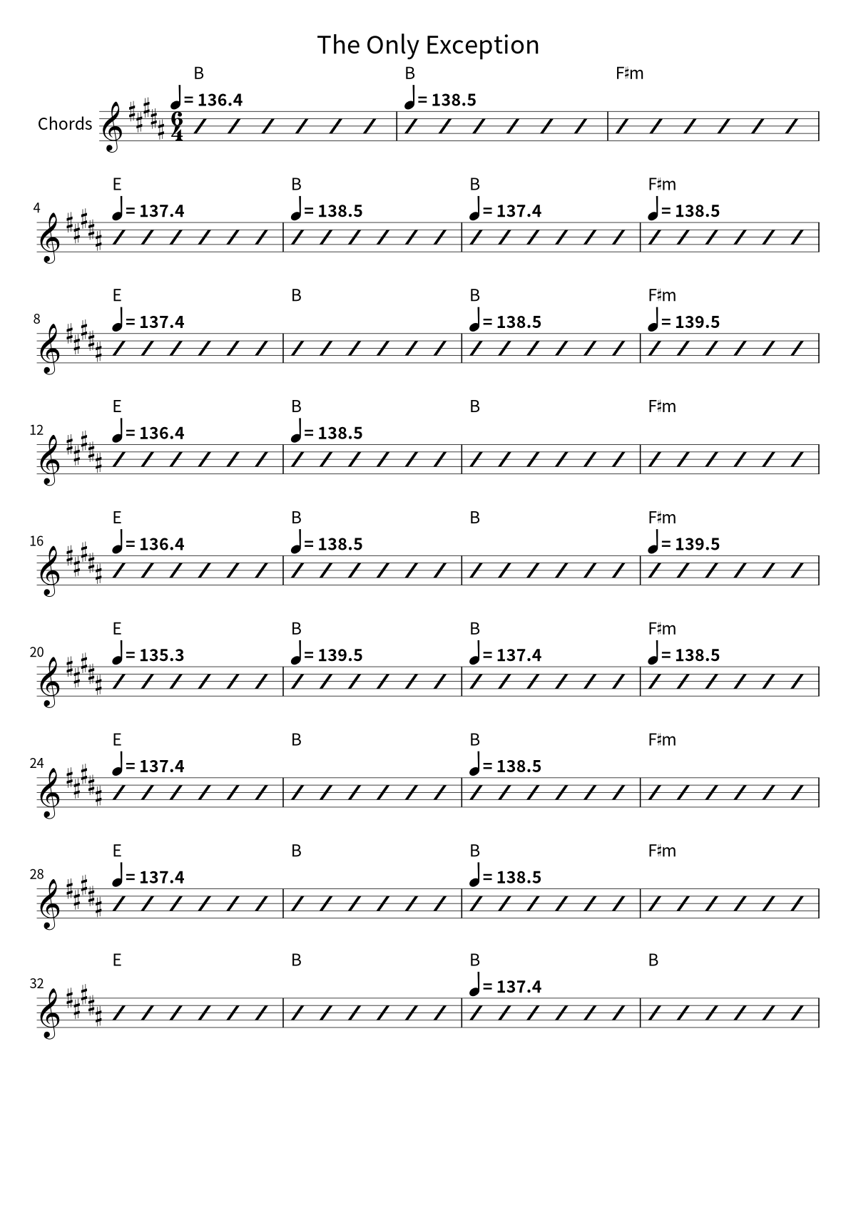 First page of the chord chart for The Only Exception by Paramore