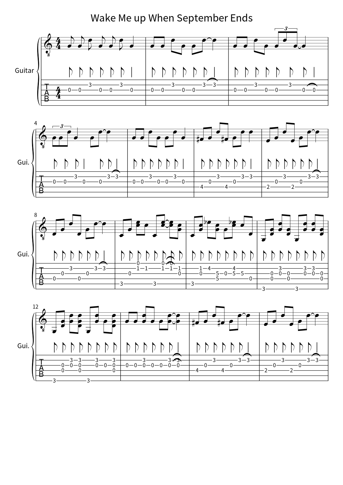 First page of the guitar tab and sheet music for Wake Me up When September Ends by Green Day