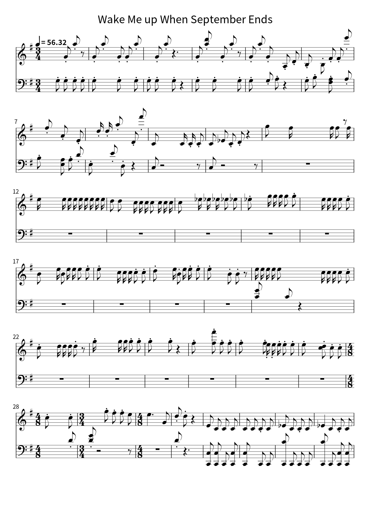 Primera página de la partitura de piano de Wake Me up When September Ends de Green Day