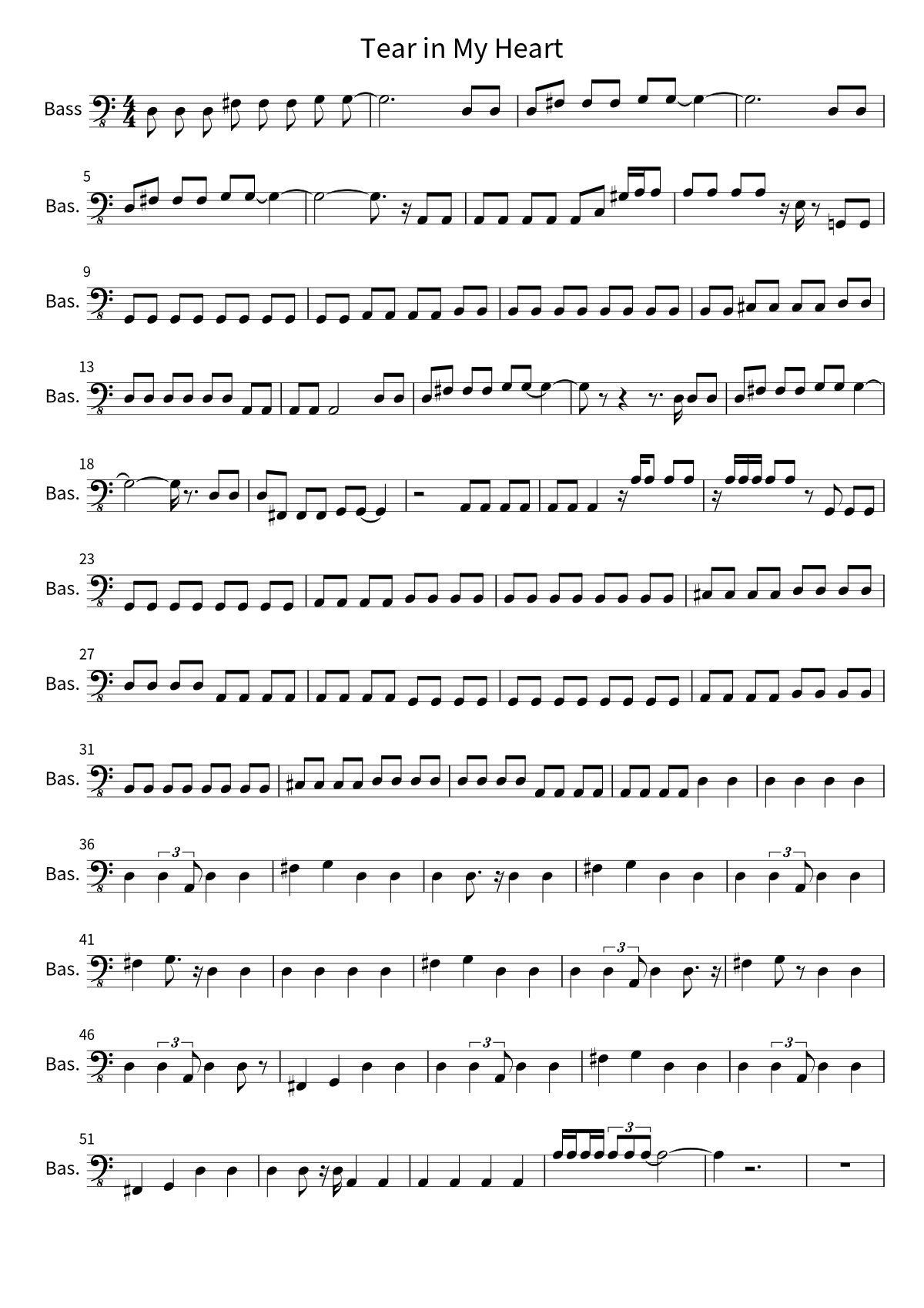 Primera página de la partitura de bajo de Tear in My Heart de Twenty One Pilots