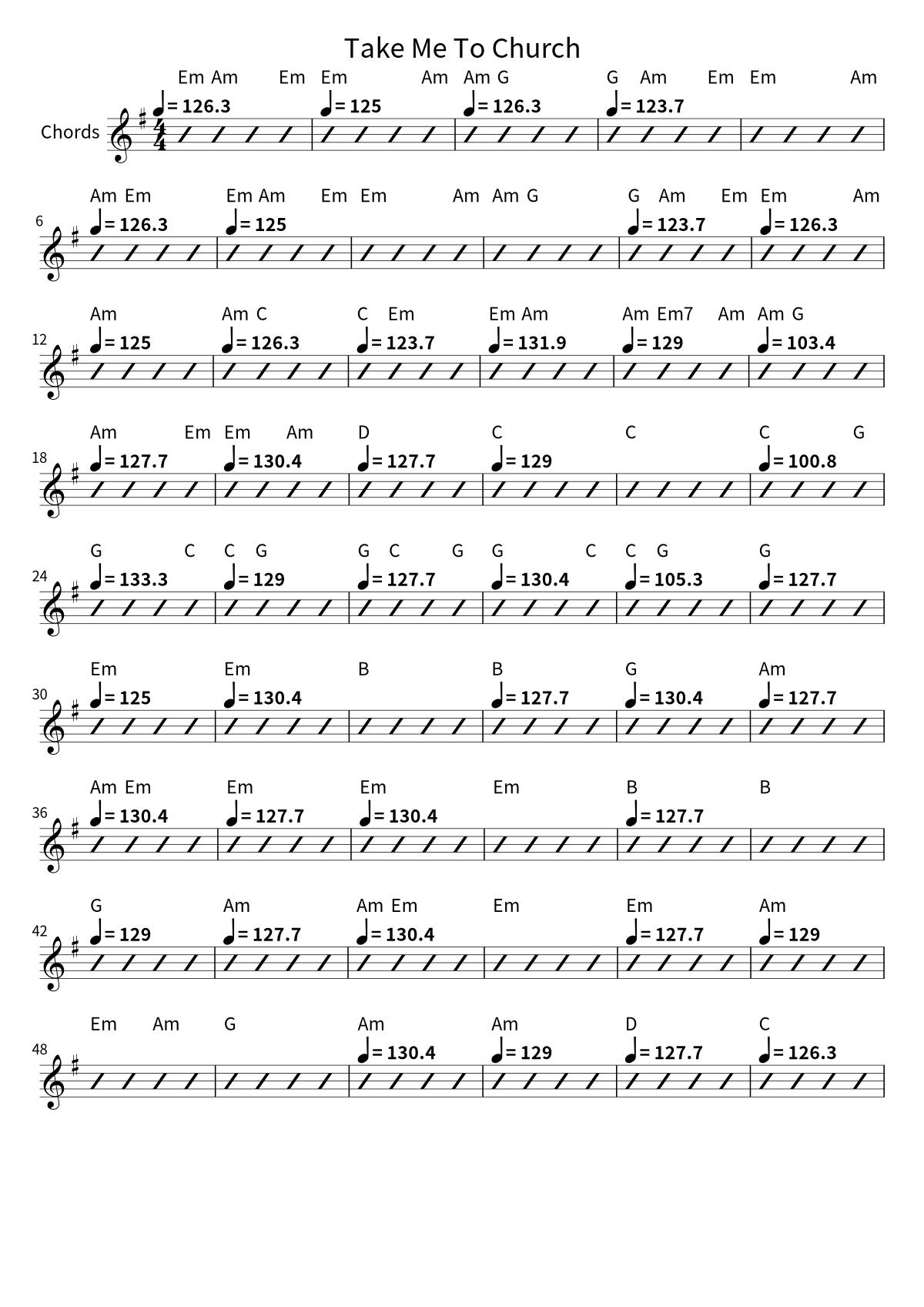 First page of the chord chart for Take Me To Church by Hozier