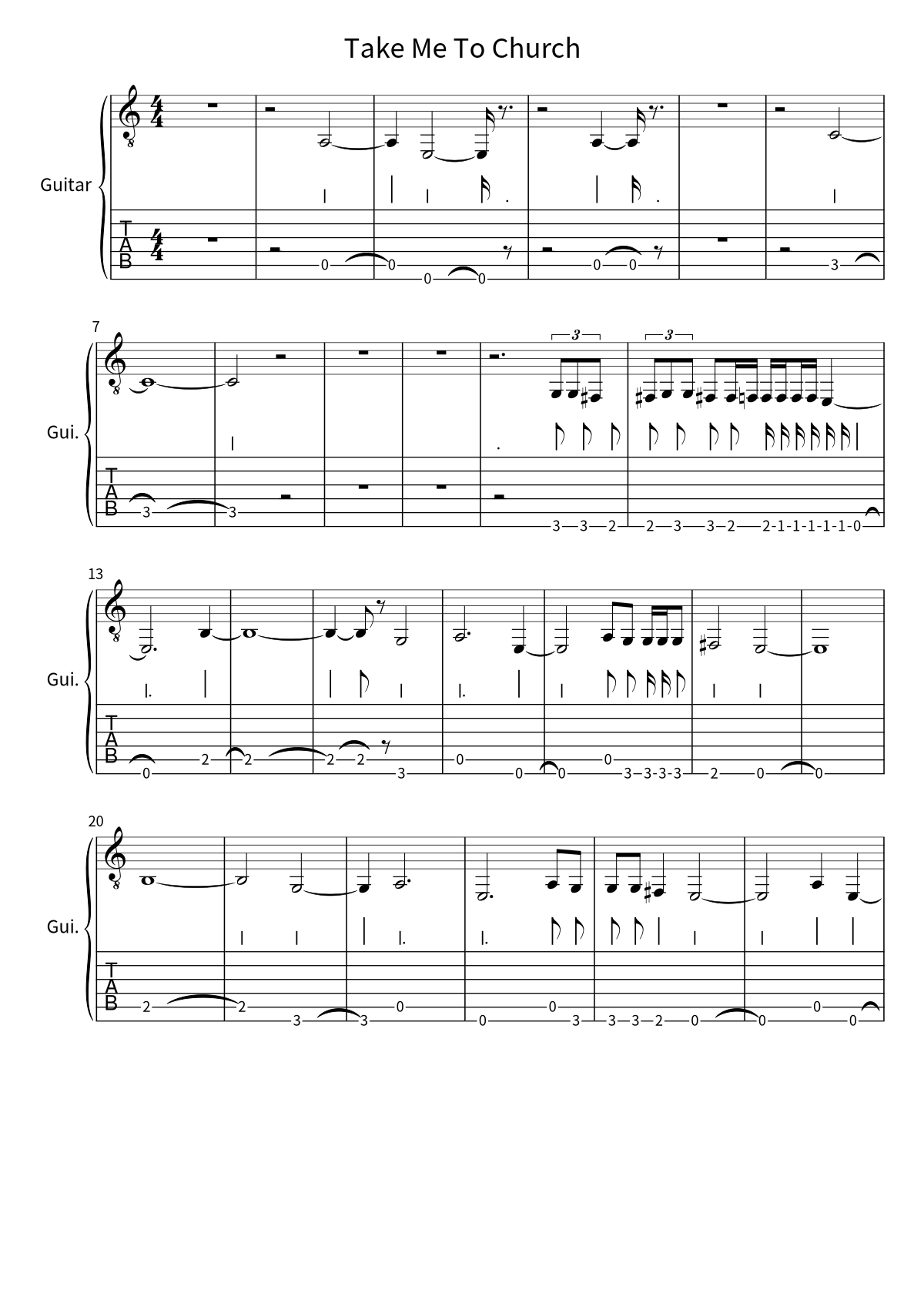 First page of the guitar tab and sheet music for Take Me To Church by Hozier