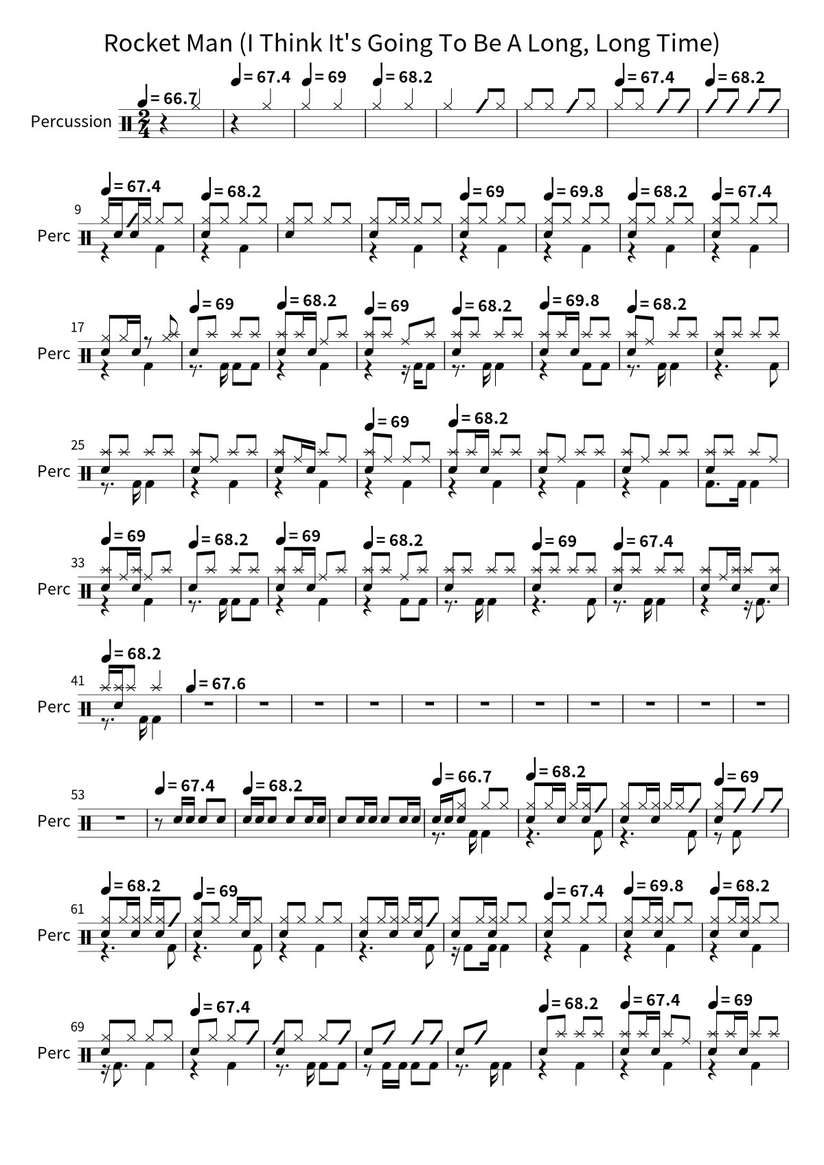 Primeira página da partitura de bateria de Rocket Man (I Think It's Going To Be A Long, Long Time), de Elton John