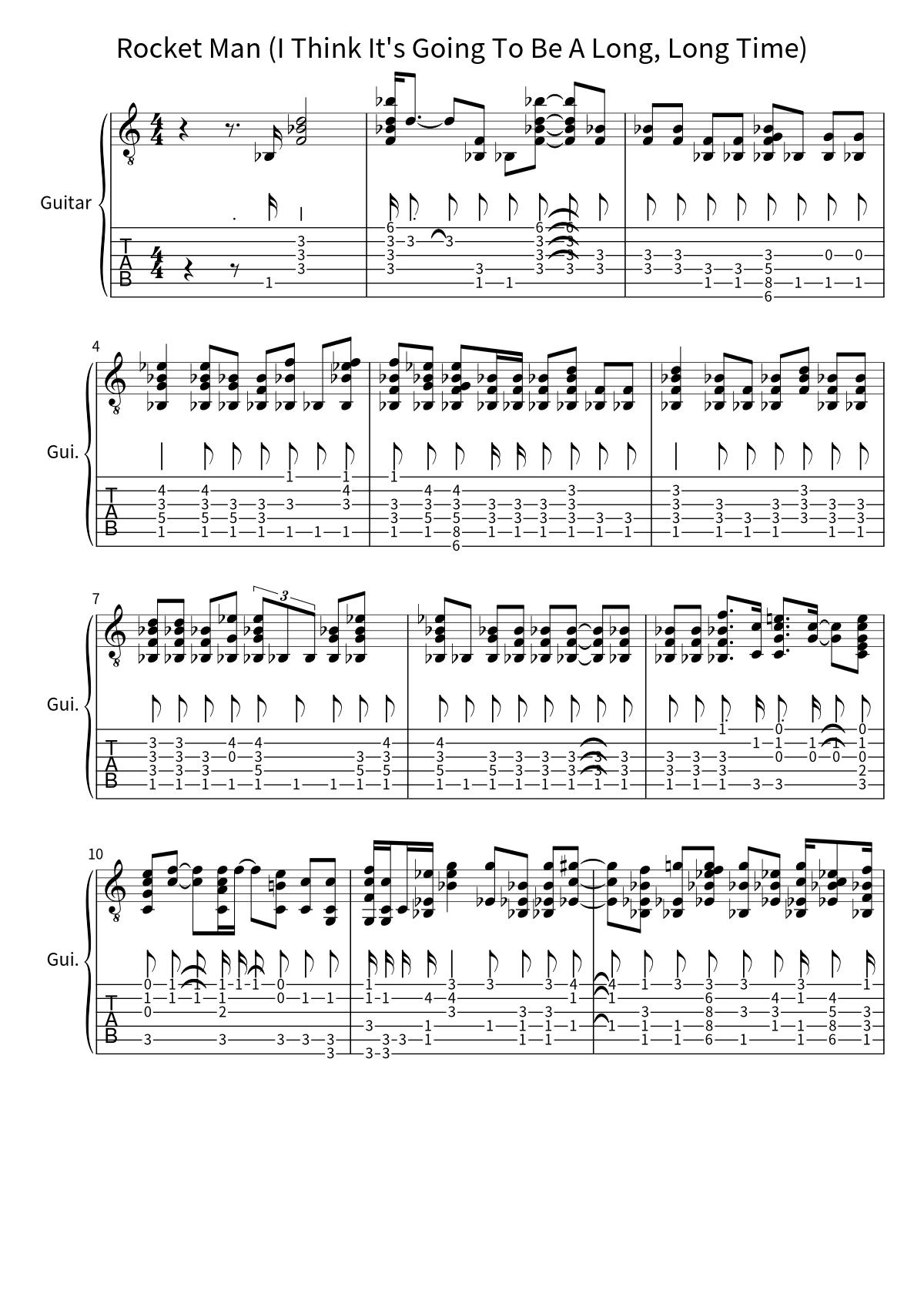 First page of the guitar tab and sheet music for Rocket Man (I Think It's Going To Be A Long, Long Time) by Elton John