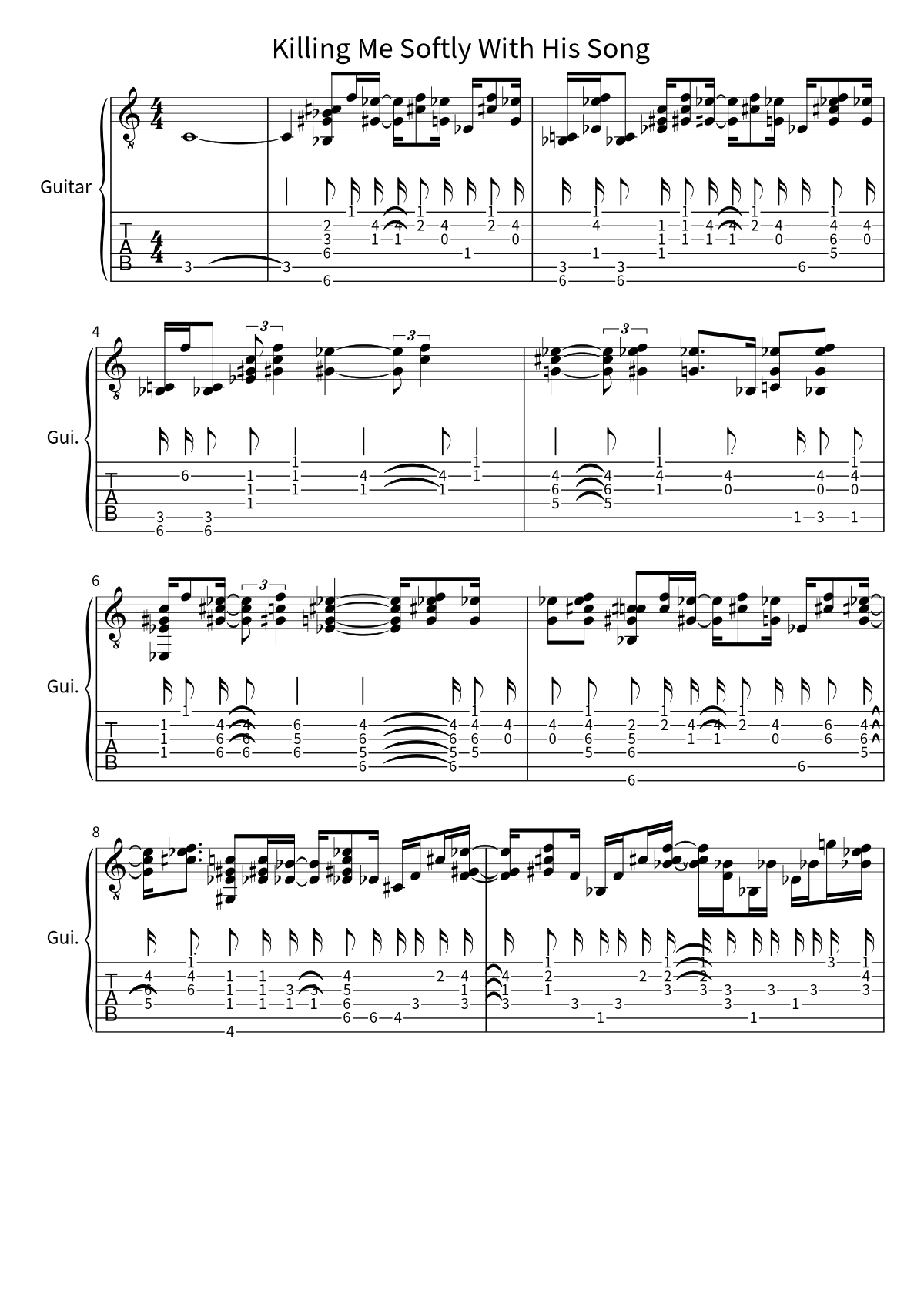 First page of the guitar tab and sheet music for Killing Me Softly With His Song by Roberta Flack