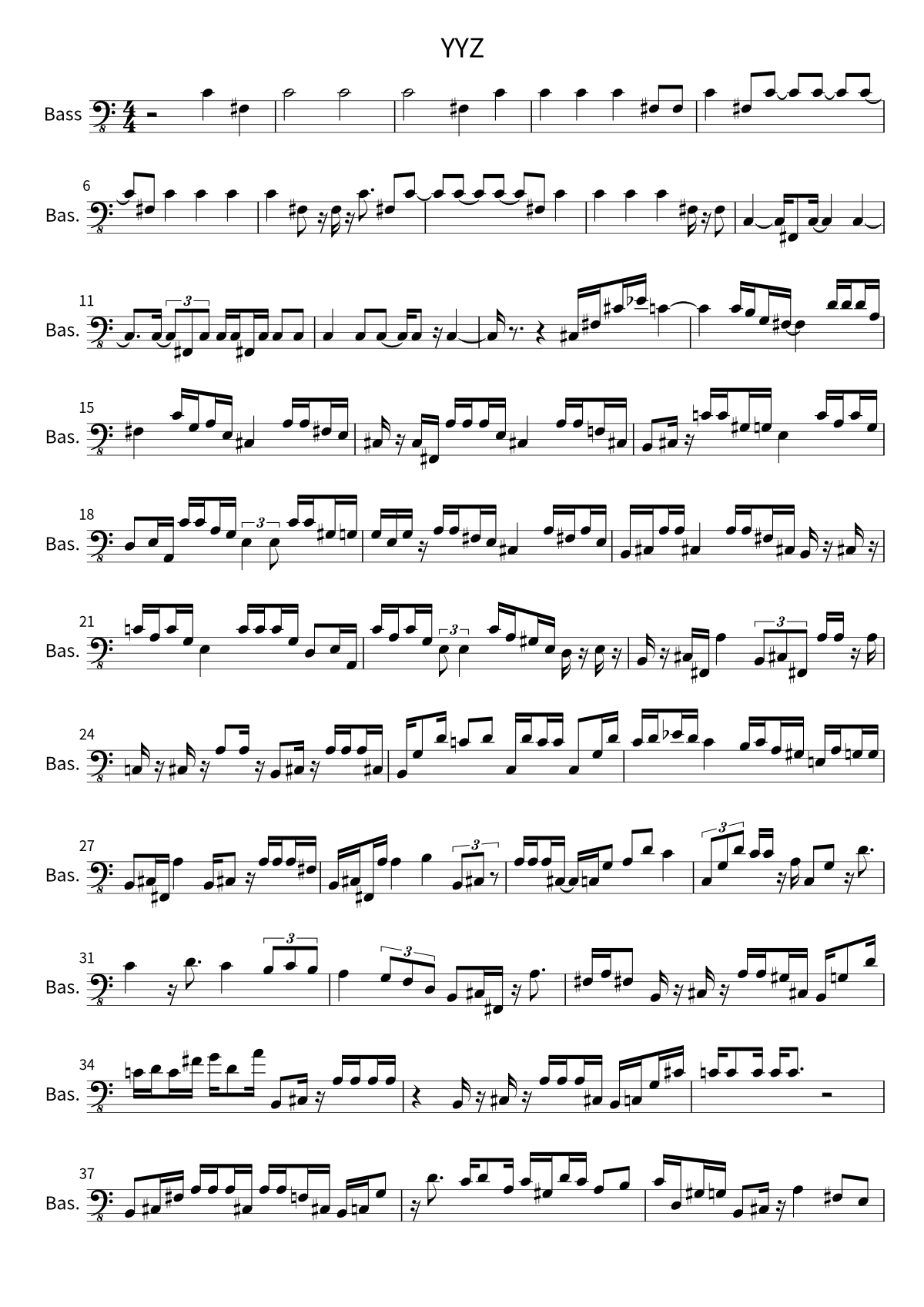 Primera página de la partitura de bajo de YYZ de Rush