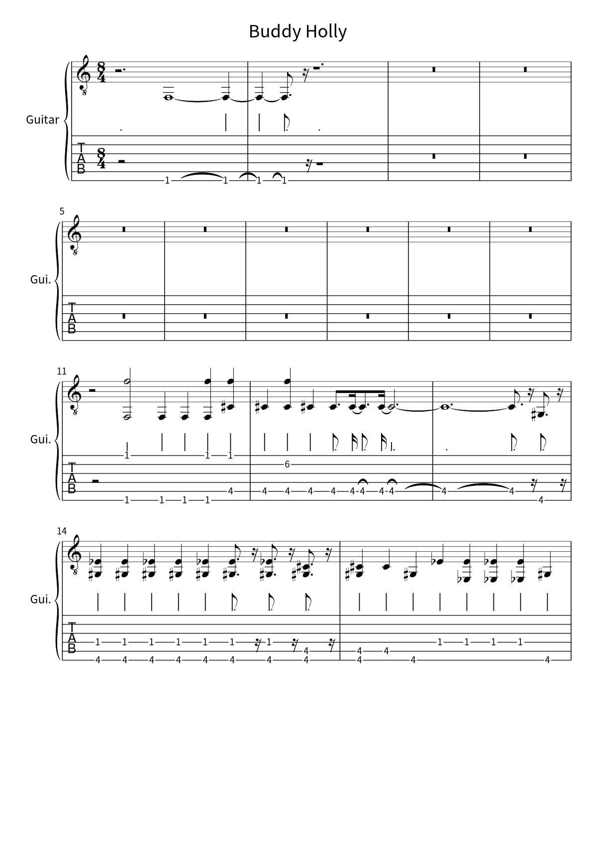 Primeira página da tablatura e partitura de guitarra de Buddy Holly, de Weezer