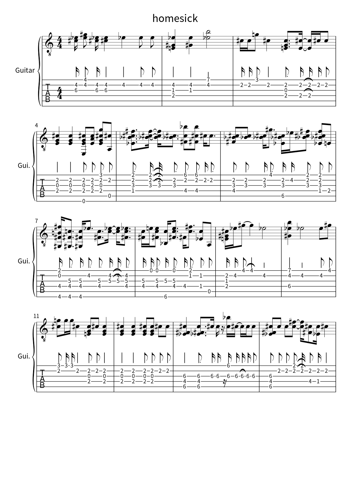 Primera página de la tablatura y partitura de guitarra de homesick de wave to earth