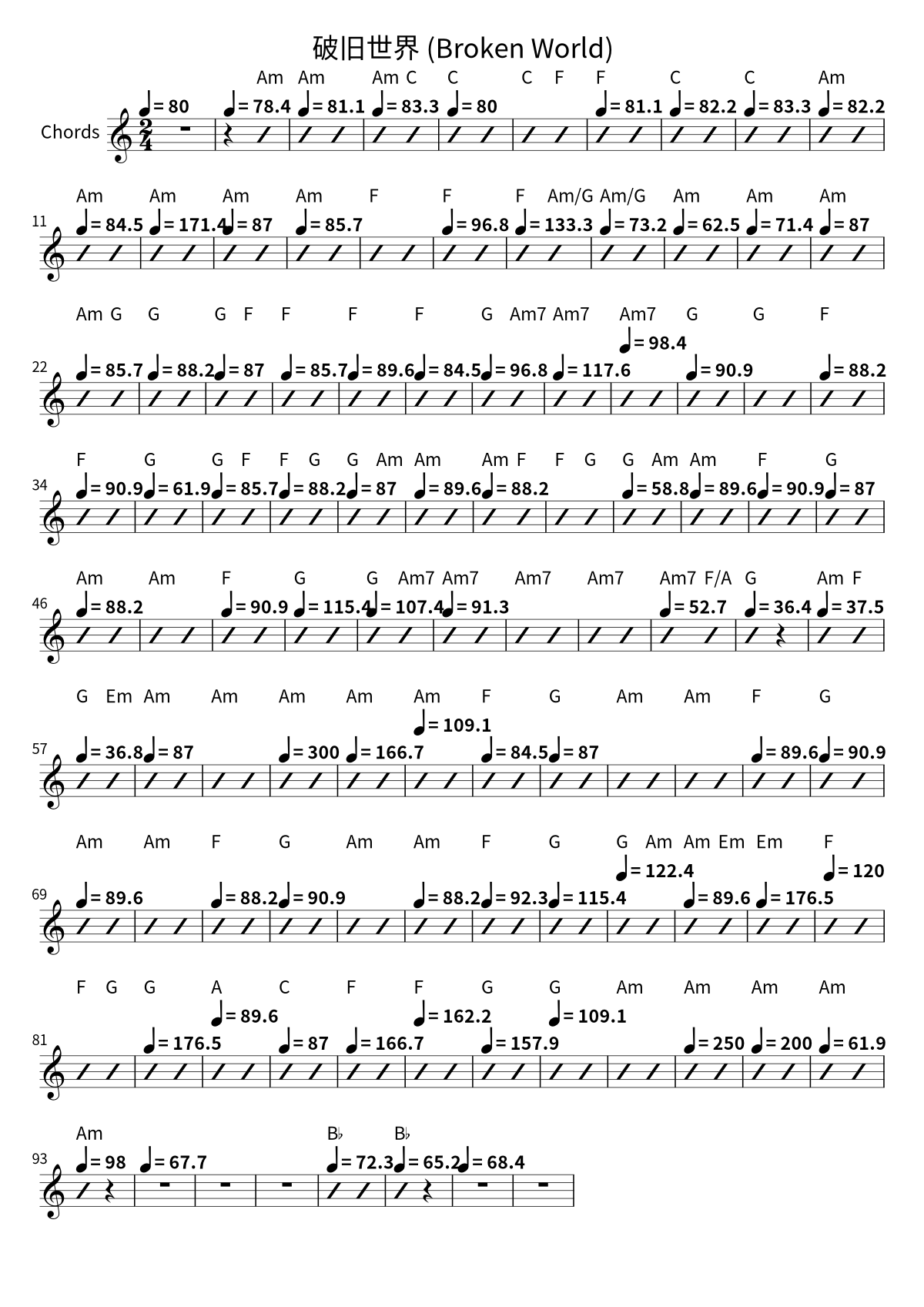 First page of the chord chart for 破旧世界 (Broken World) by Gabriel Piano