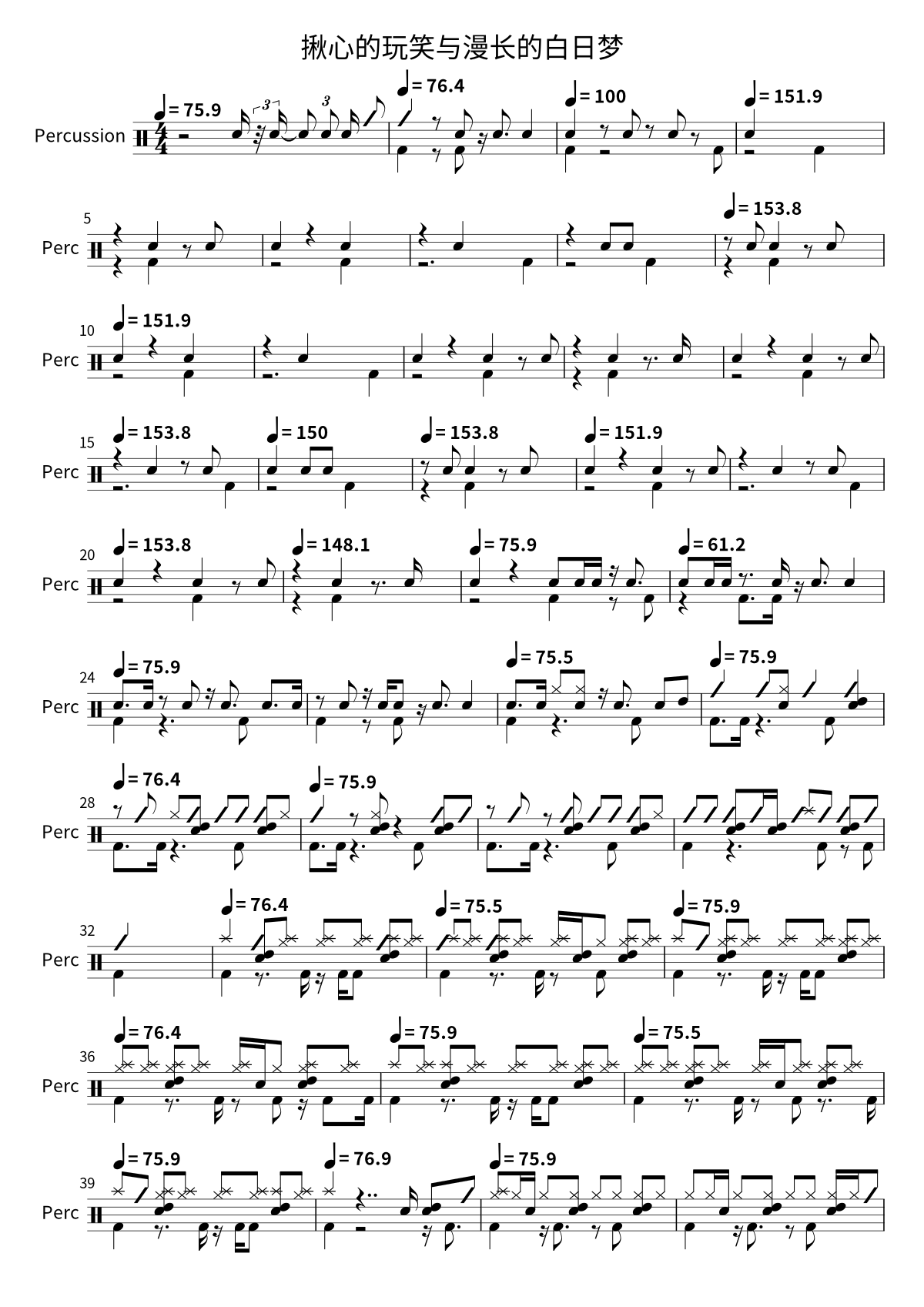 Primera página de la partitura de batería de 揪心的玩笑与漫长的白日梦 de 万能青年旅店