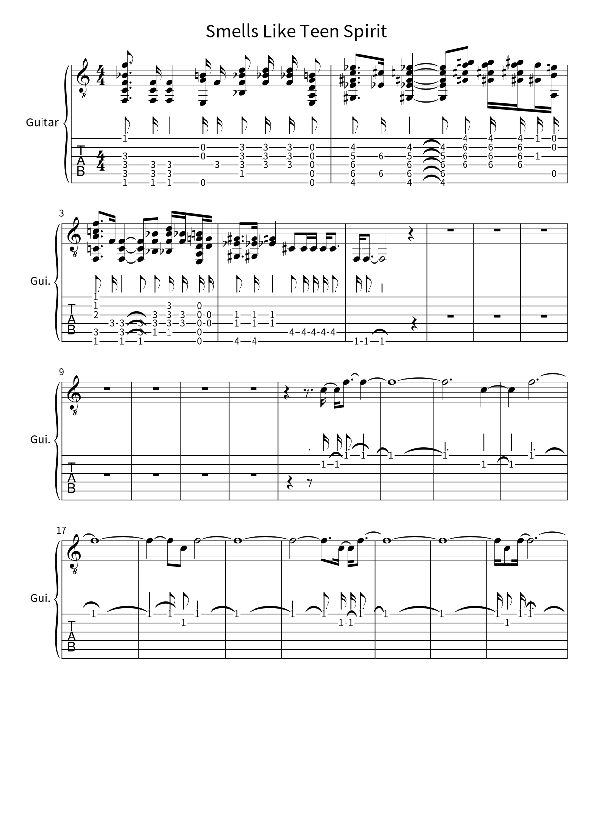 Primera página de la partitura de Smells Like Teen Spirit de Nirvana