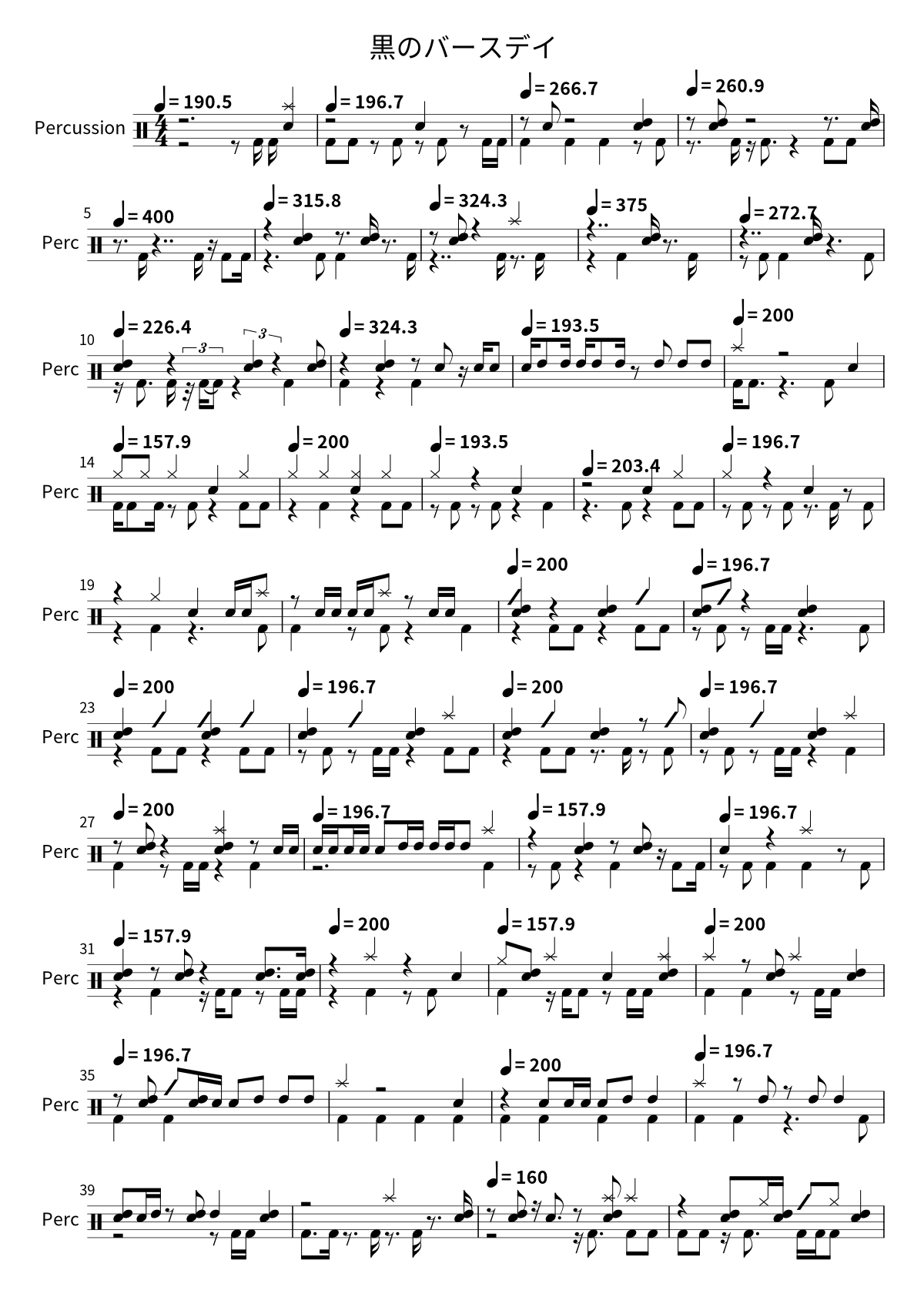 Primera página de la partitura de batería de 黒のバースデイ de Ave Mujica