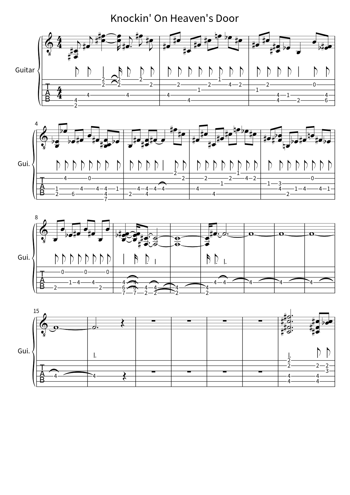 Primeira página da tablatura e partitura de guitarra de Knockin' On Heaven's Door, de Guns N' Roses
