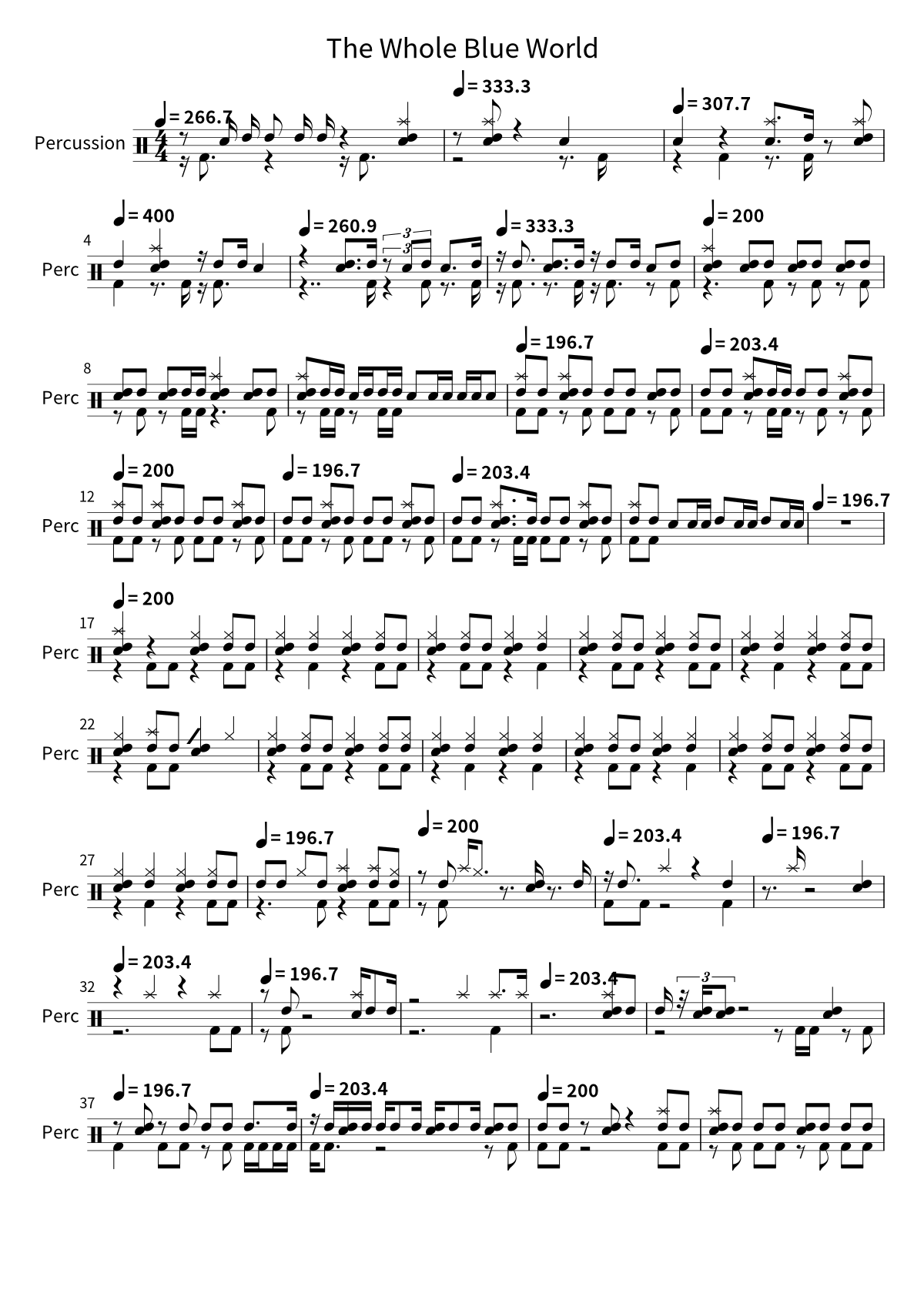 Primera página de la partitura de batería de The Whole Blue World de Ave Mujica