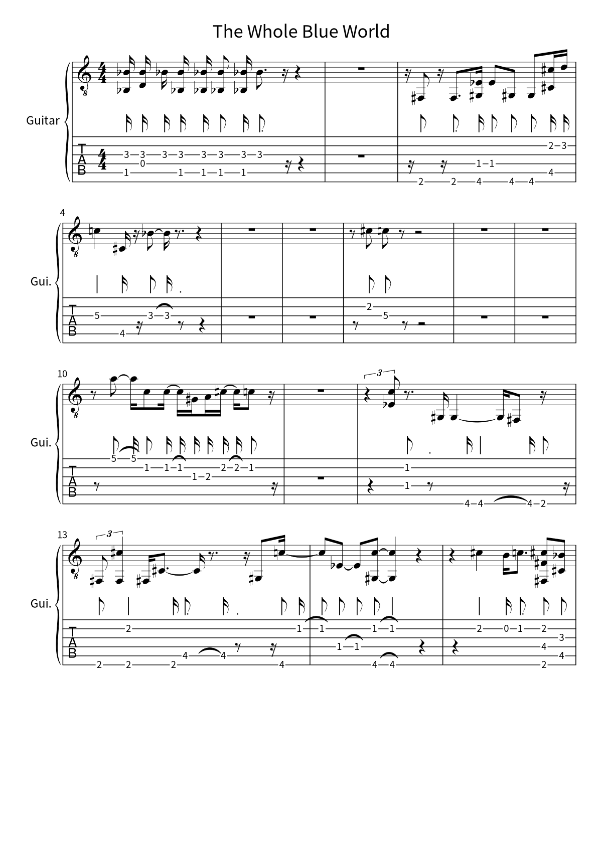 Primera página de la tablatura y partitura de guitarra de The Whole Blue World de Ave Mujica