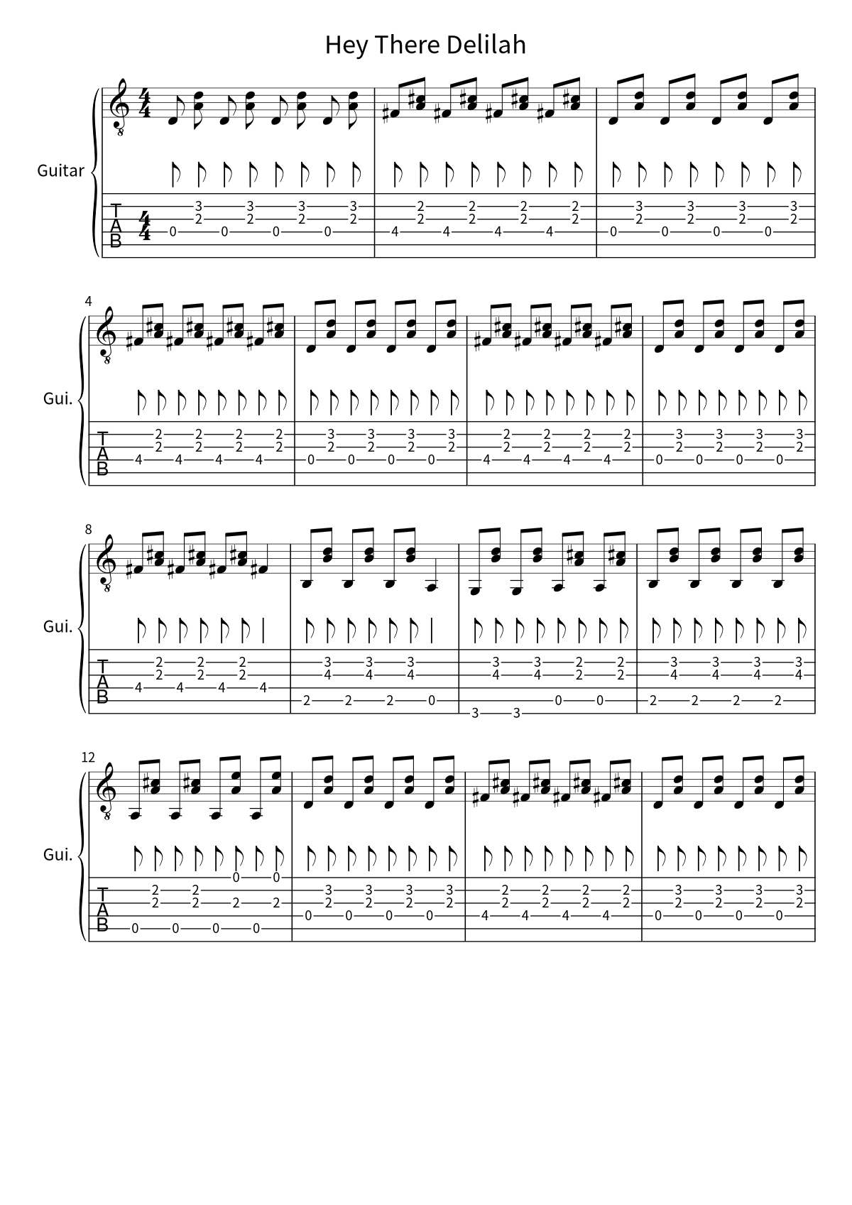 Primera página de la partitura de Hey There Delilah de Plain White T's