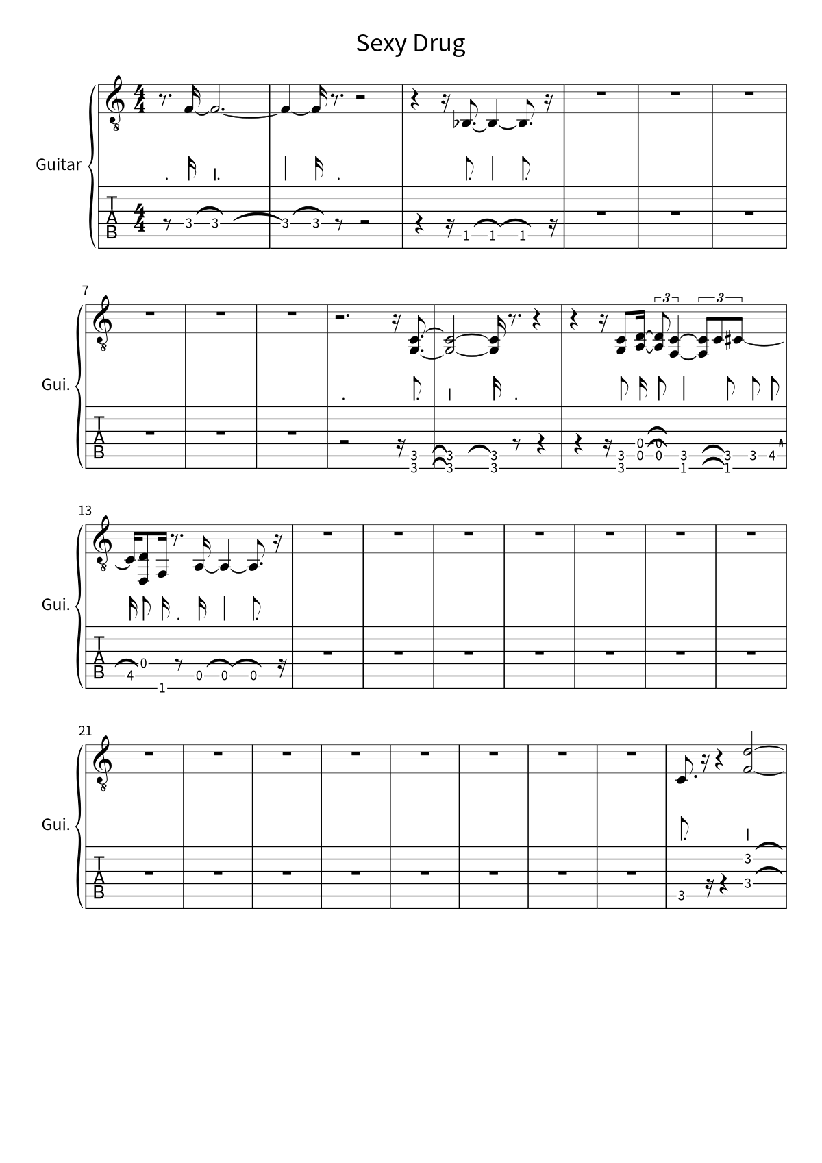 Primera página de la tablatura y partitura de guitarra de Sexy Drug de Falling In Reverse