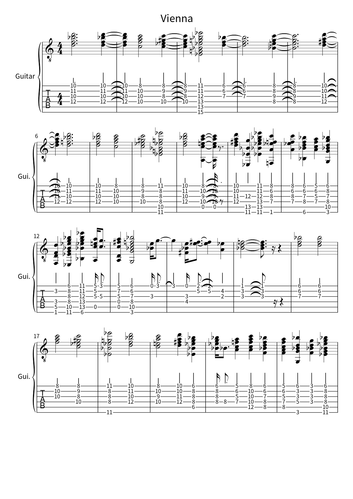 Primera página de la tablatura y partitura de guitarra de Vienna de Billy Joel