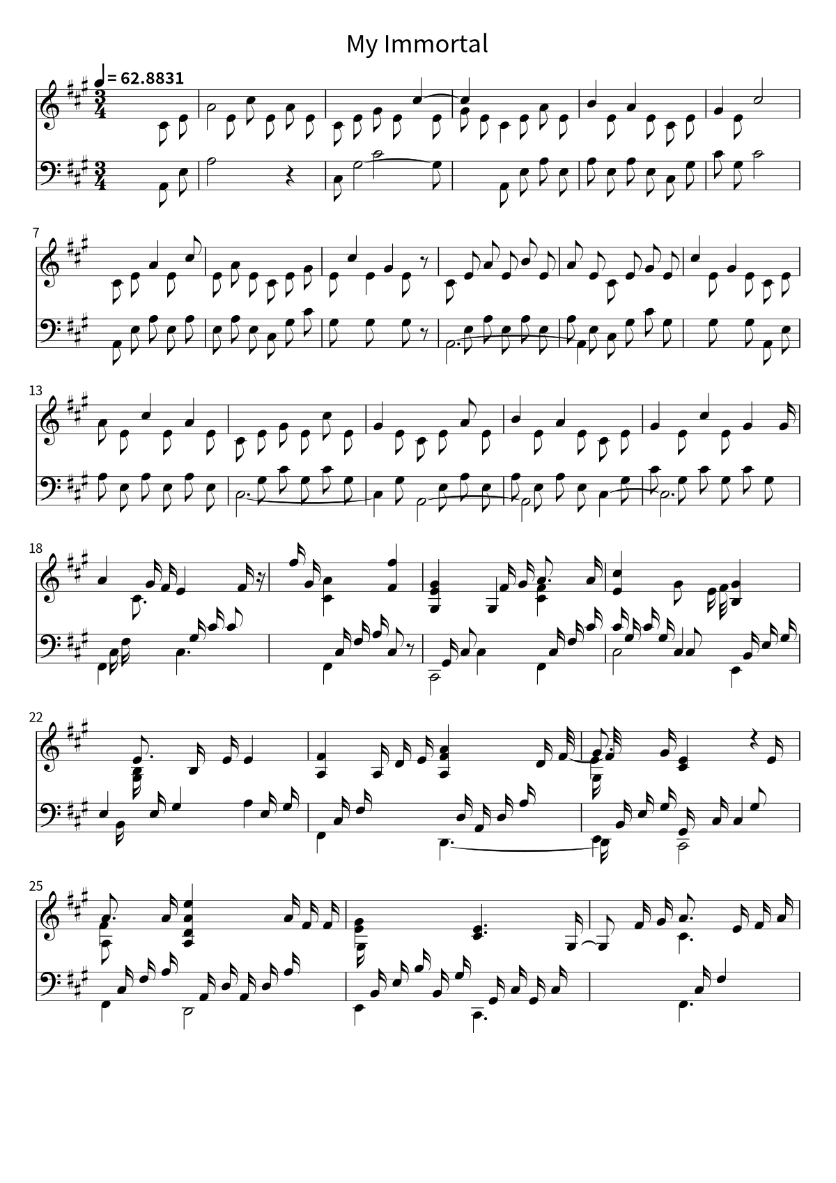 Primera página de la partitura de piano de My Immortal de Evanescence