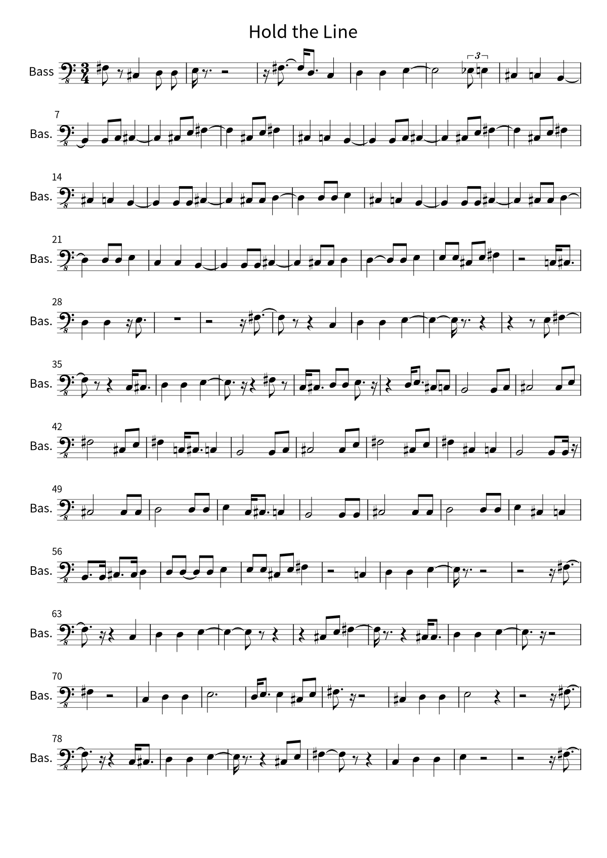 Primeira página da partitura de baixo de Hold the Line, de TOTO