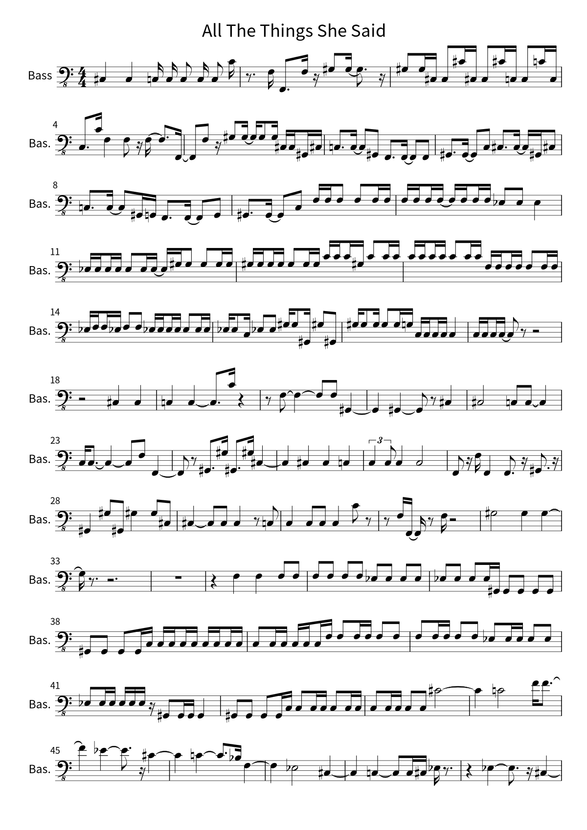 First page of the bass sheet music for All The Things She Said by t.A.T.u.