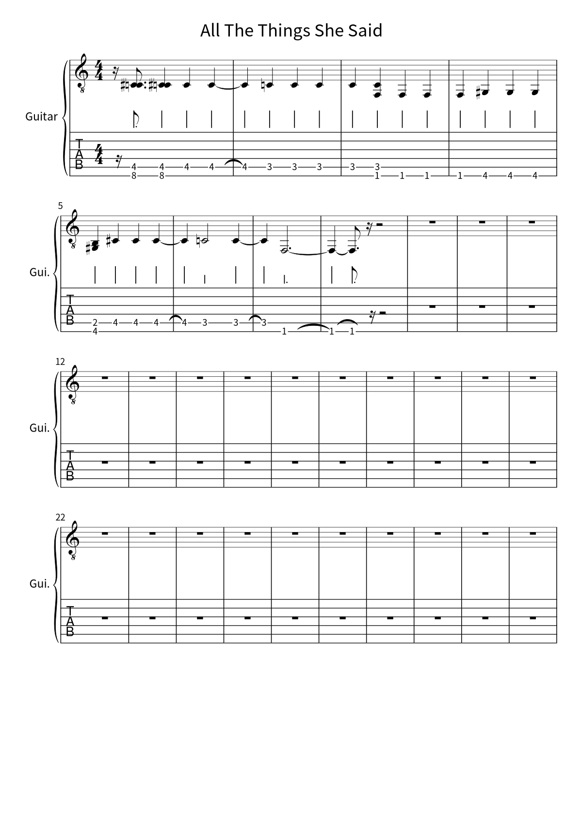 First page of the guitar tab and sheet music for All The Things She Said by t.A.T.u.