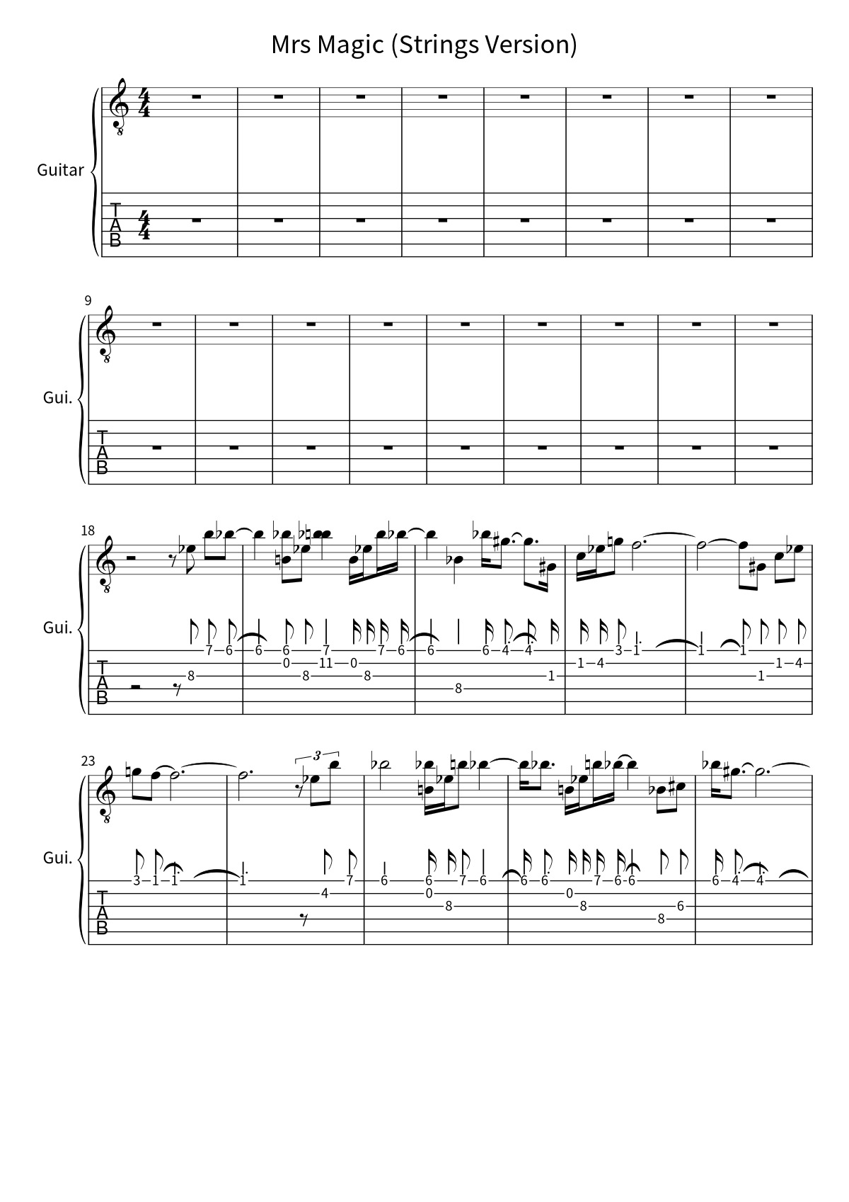 Primera página de la tablatura y partitura de guitarra de Mrs Magic (Strings Version) de Strawberry Guy