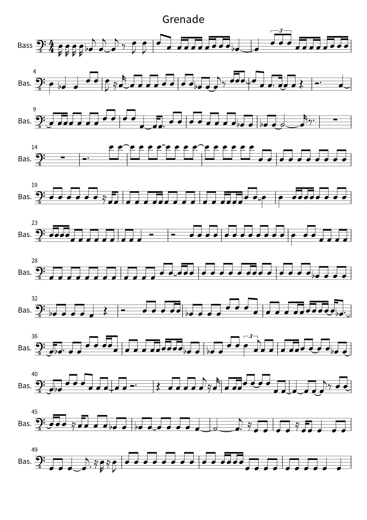 First page of the bass sheet music for Grenade by Bruno Mars