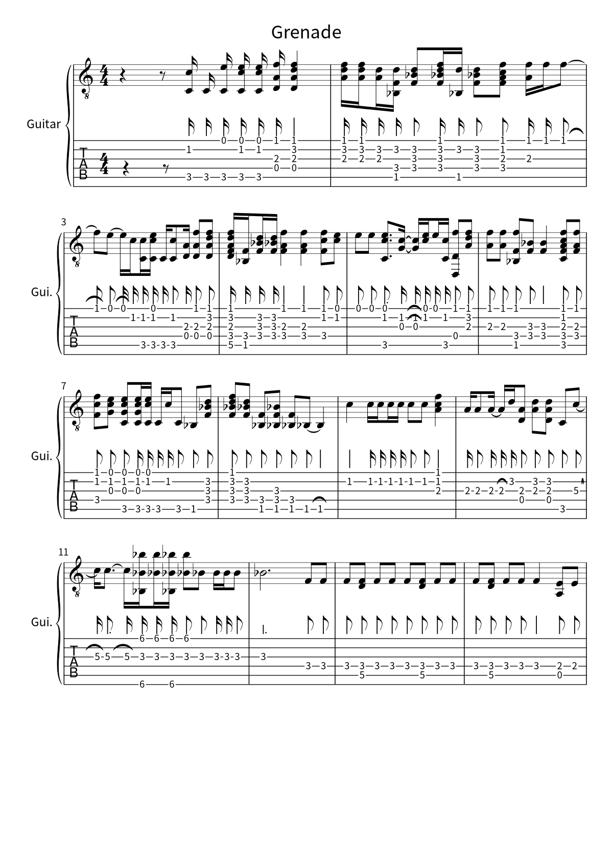 First page of the guitar tab and sheet music for Grenade by Bruno Mars