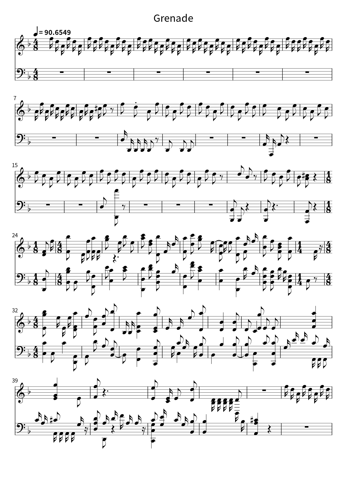 First page of the sheet music for Grenade by Bruno Mars