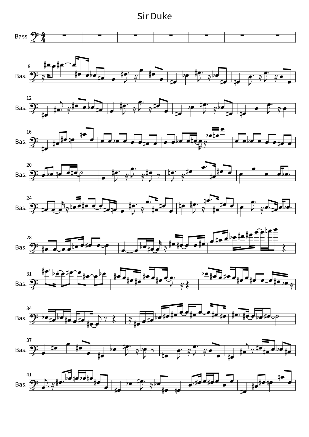 First page of the bass sheet music for Sir Duke by Stevie Wonder