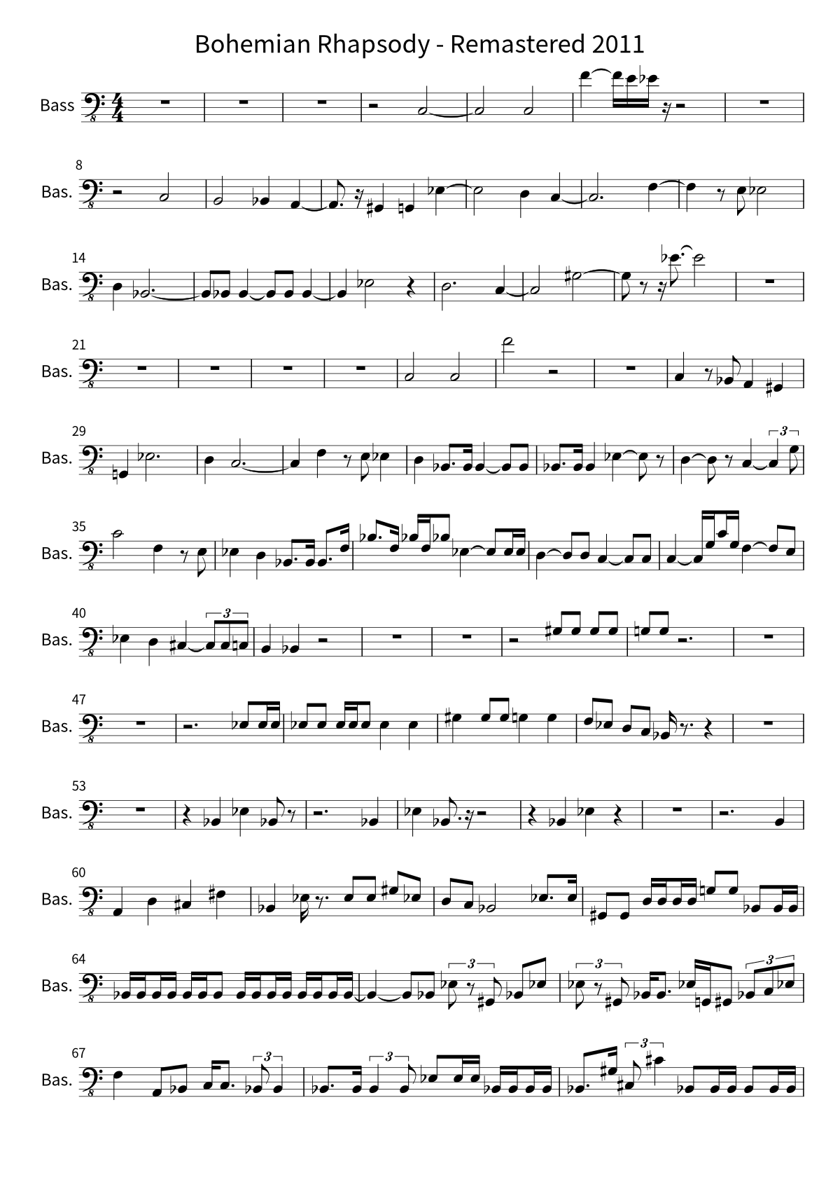 Primeira página da partitura de baixo de Bohemian Rhapsody - Remastered 2011, de Queen