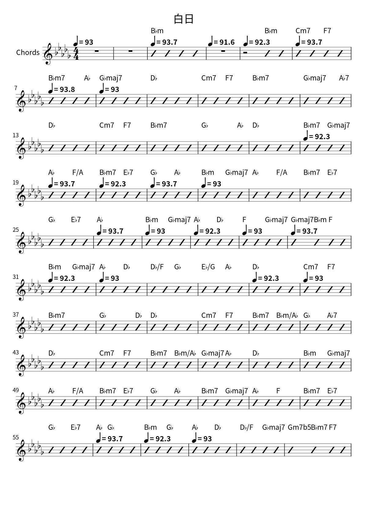 First page of the chord chart for 白日 by King Gnu