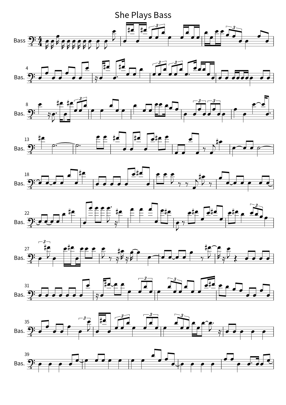 Primera página de la partitura de bajo de She Plays Bass de beabadoobee