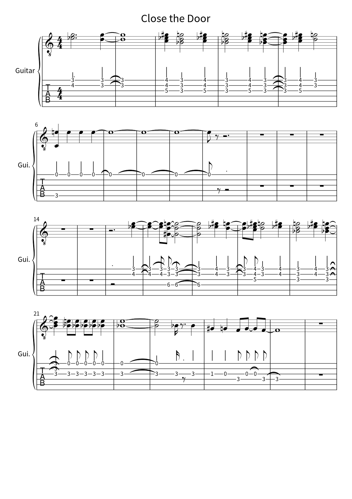 Primera página de la tablatura y partitura de guitarra de Close the Door de Teddy Pendergrass