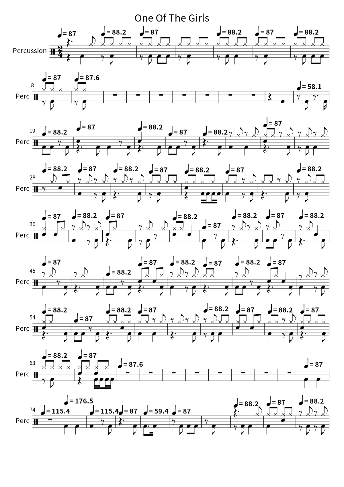 Primeira página da partitura de bateria de One Of The Girls, de The Weeknd