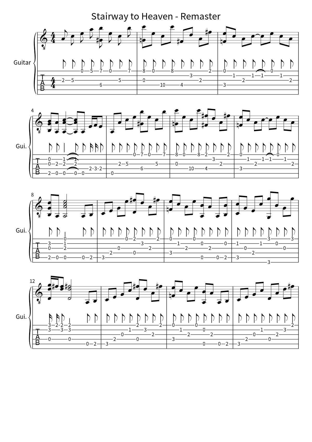 First page of the guitar tab and sheet music for Stairway to Heaven - Remaster by Led Zeppelin