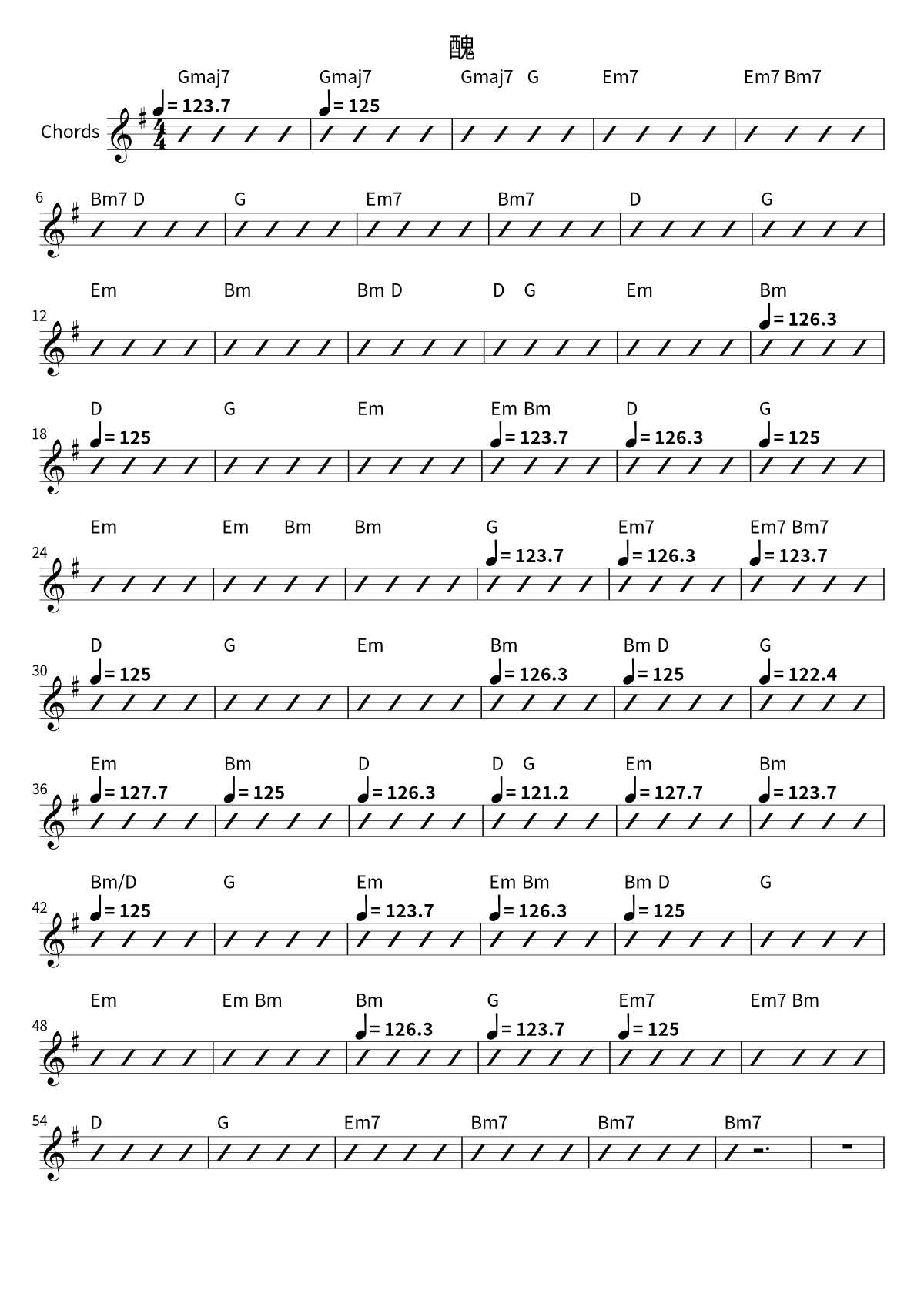 First page of the chord chart for 醜 by No Party For Cao Dong