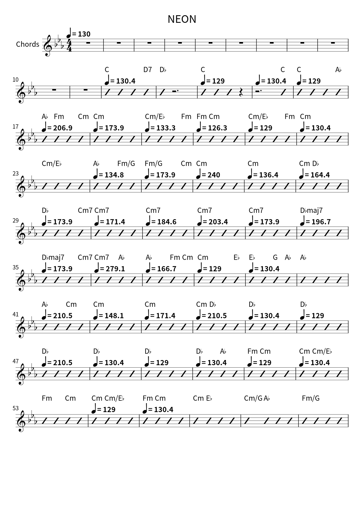 First page of the chord chart for NEON by A2O