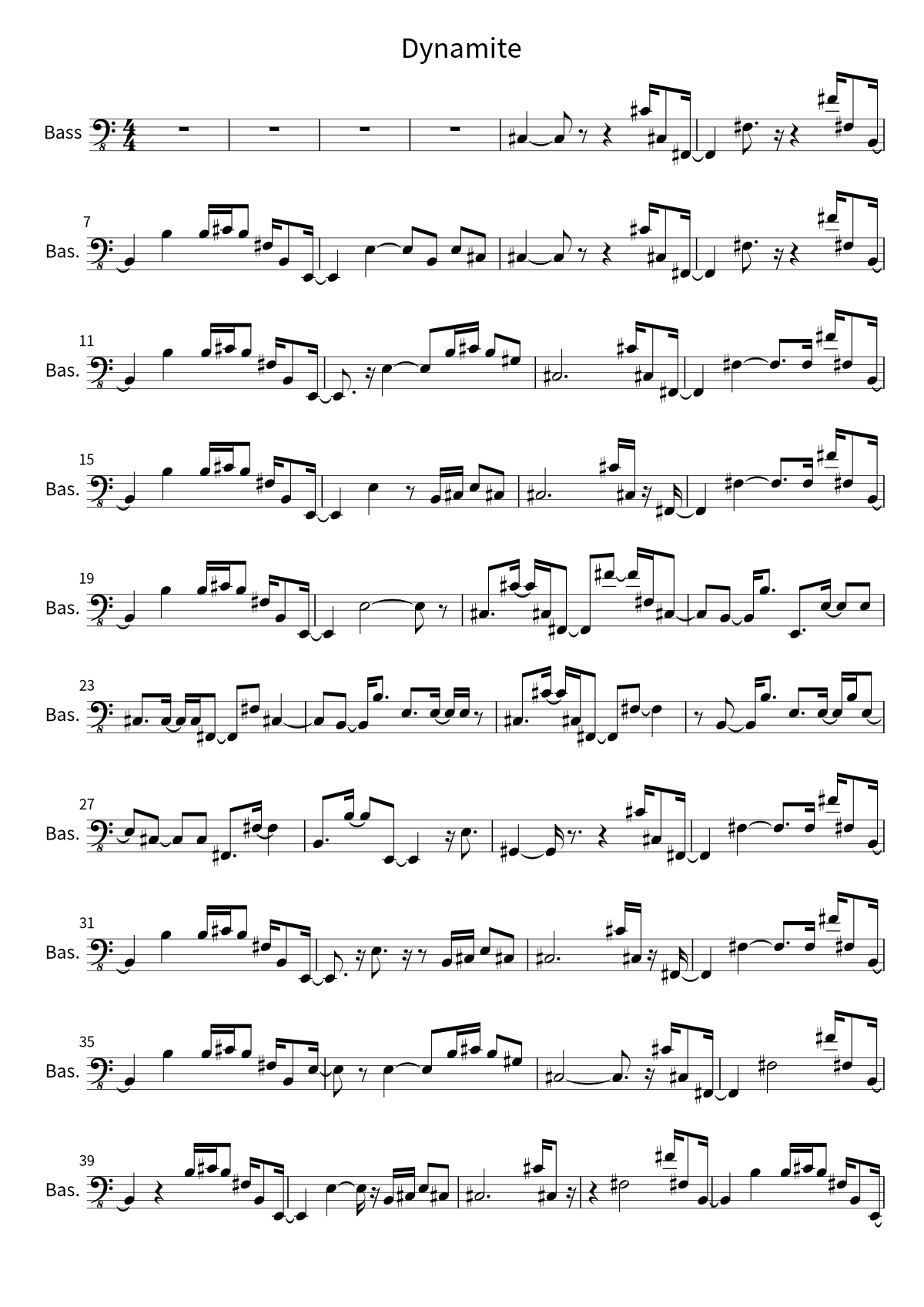 First page of the bass sheet music for Dynamite by BTS